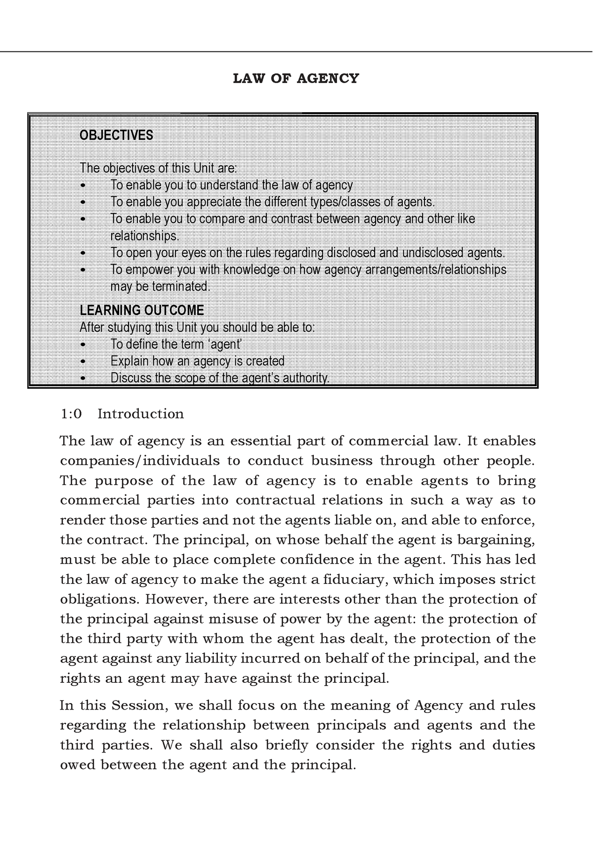 1. LAW OF Agency - Notes - OBJECTIVES LAW OF AGENCY The Objectives Of ...