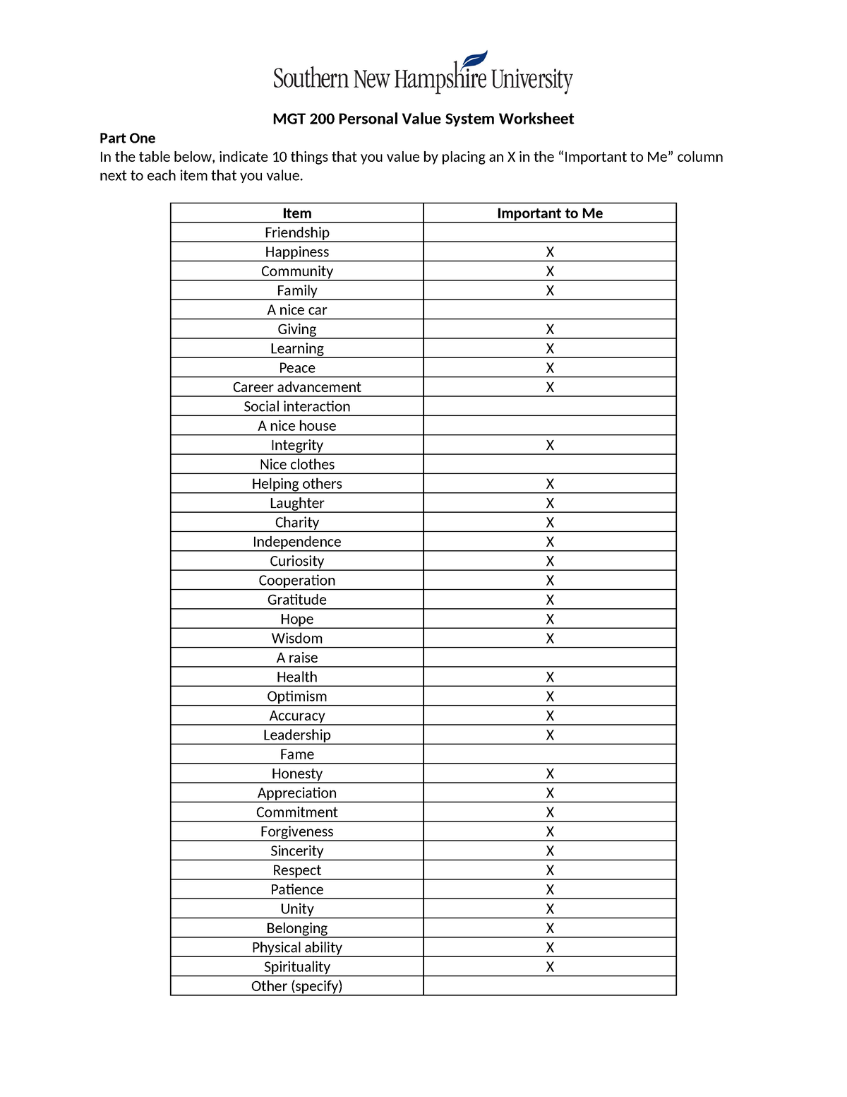 MGT 200 Personal Value System Worksheet - MGT 200 Personal Value System ...