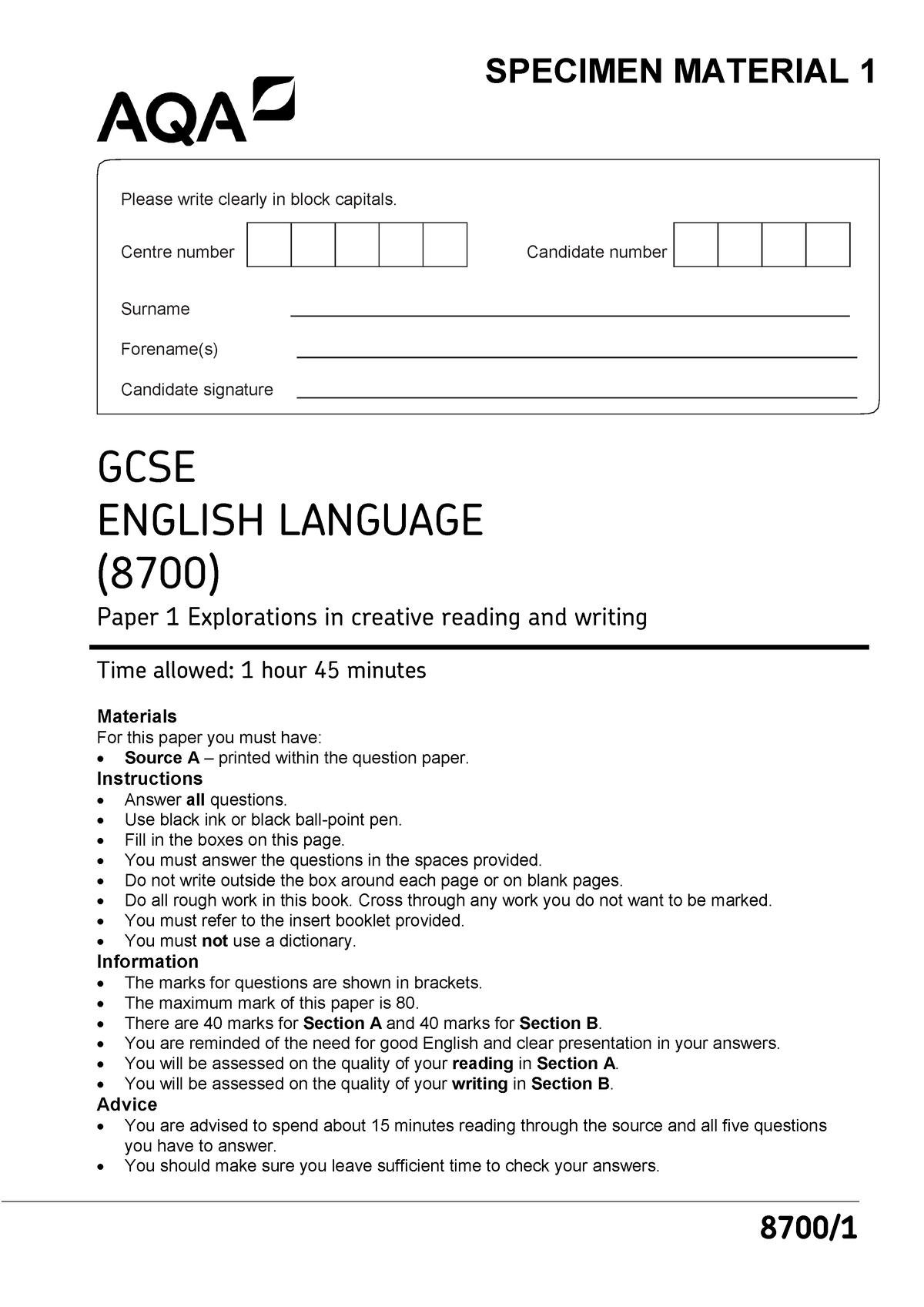 AQA Jamaica Inn Paper 1 Question Paper 8700 SPECIMEN MATERIAL 1 