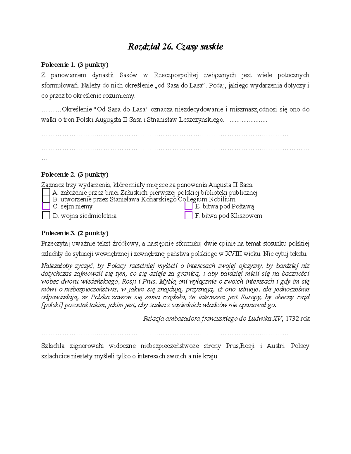 Sprawdzian Czasy Saskie Rozbiory 3 Gimnazjum