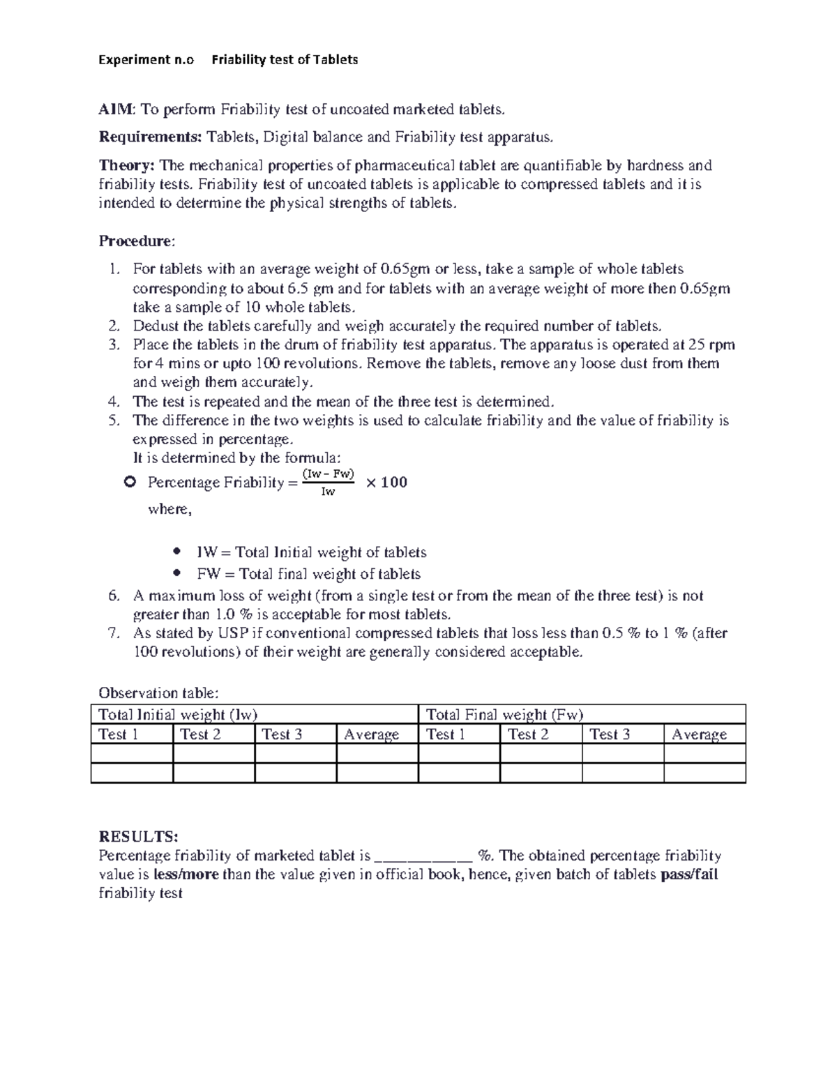 EXP 08 Fraibility test of tablets - Experiment n Friability test of ...