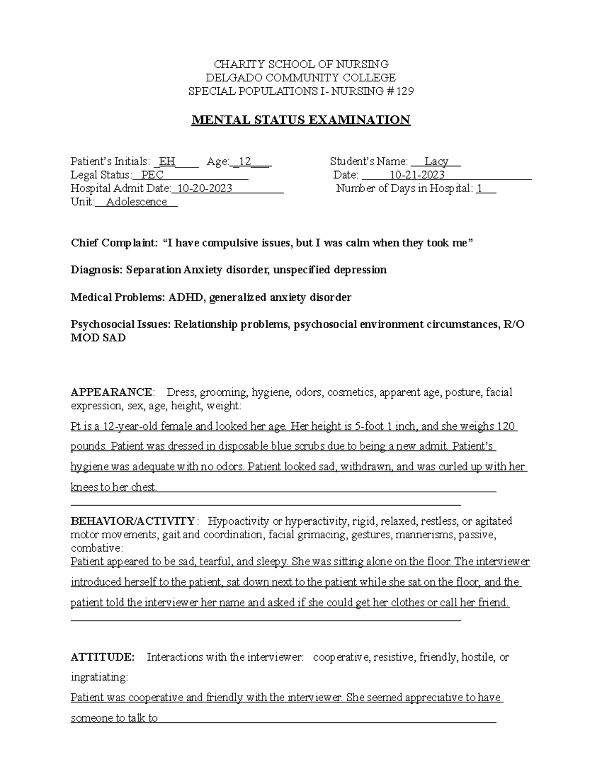 Mental Status Assessment (long) Lacy (1) (1) - CHARITY SCHOOL OF ...