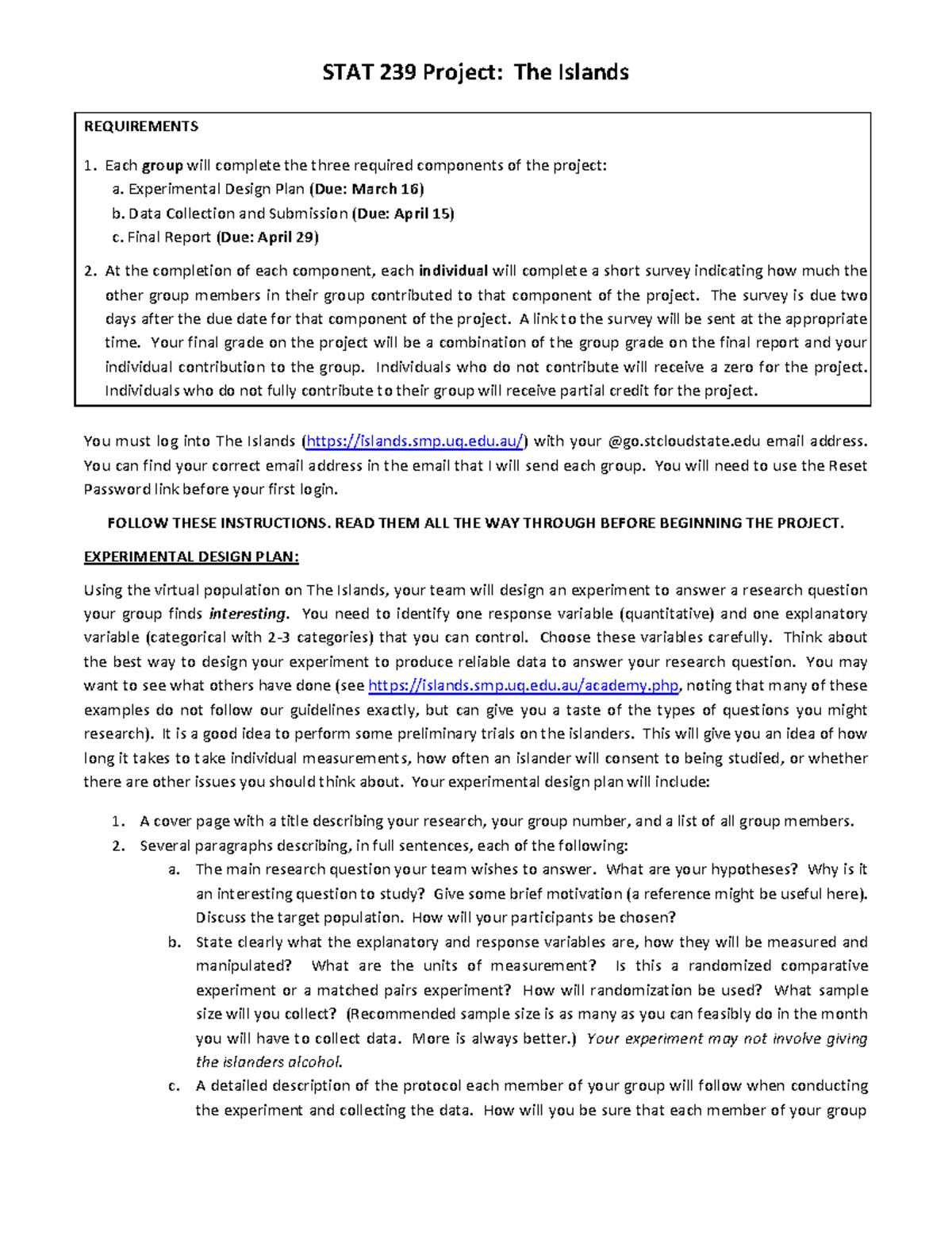 Islands Project - STAT 239 Project: The Islands REQUIREMENTS Each group ...