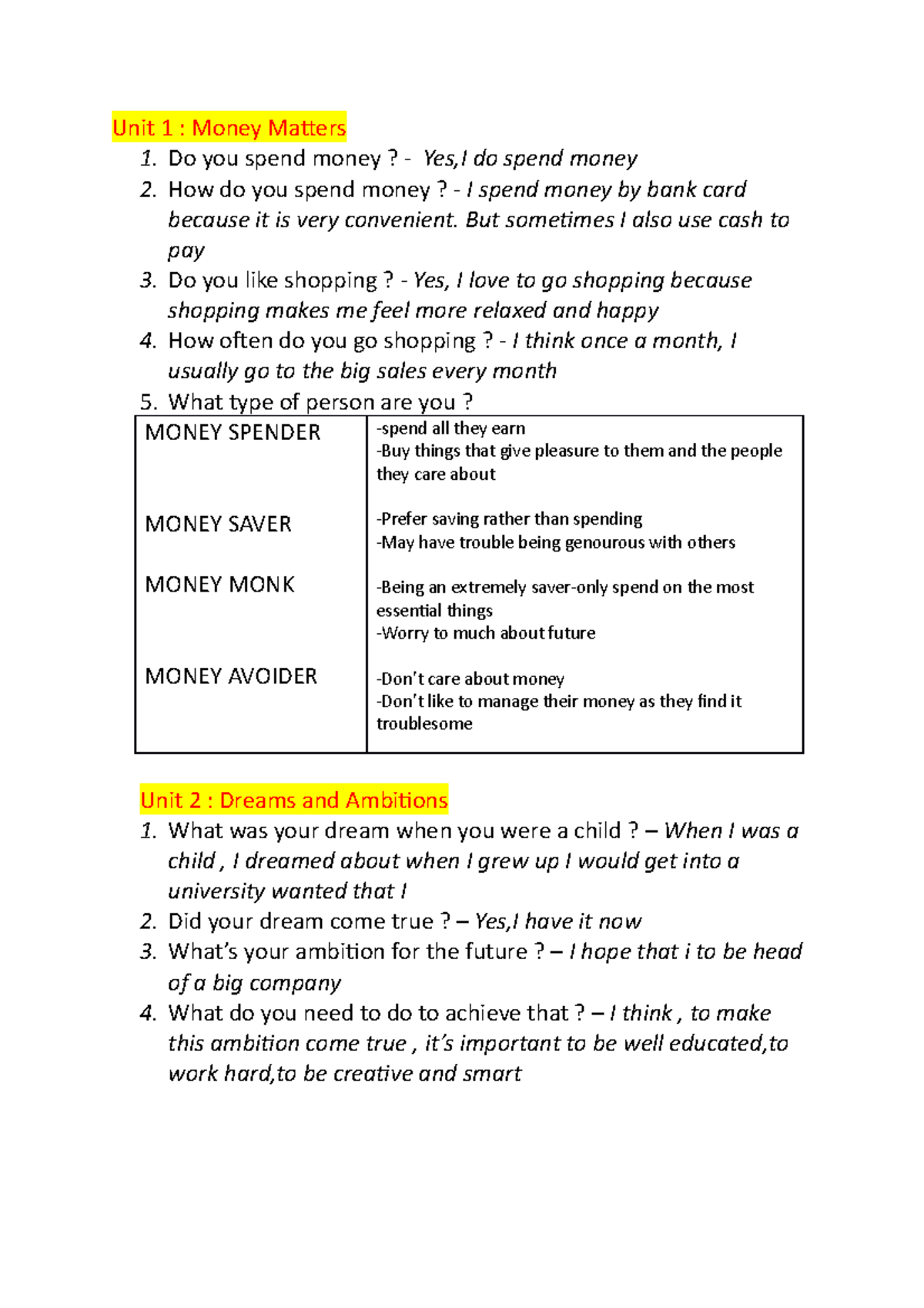 Unit 1 - Ôn Tập - Unit 1 : Money Matters 1. Do You Spend Money? - Yes,I ...