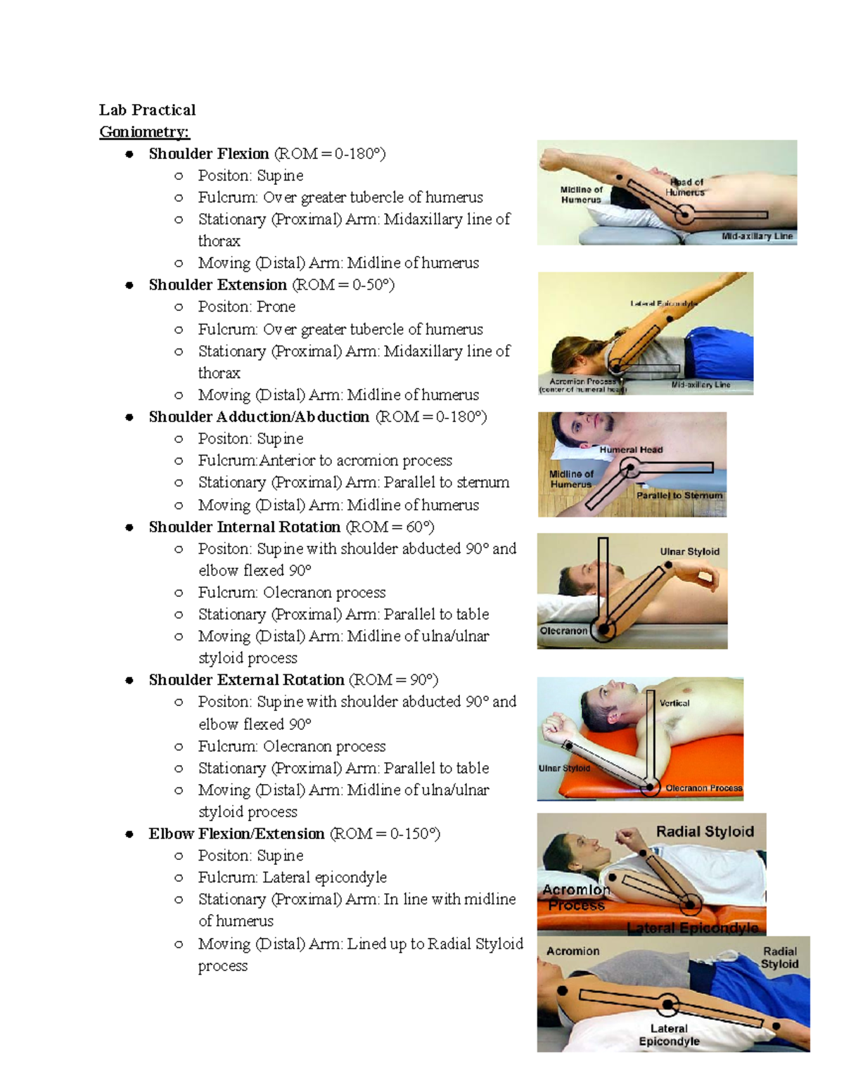 Lab Practical Study Guide Lab Practical Goniometry Shoulder Flexion