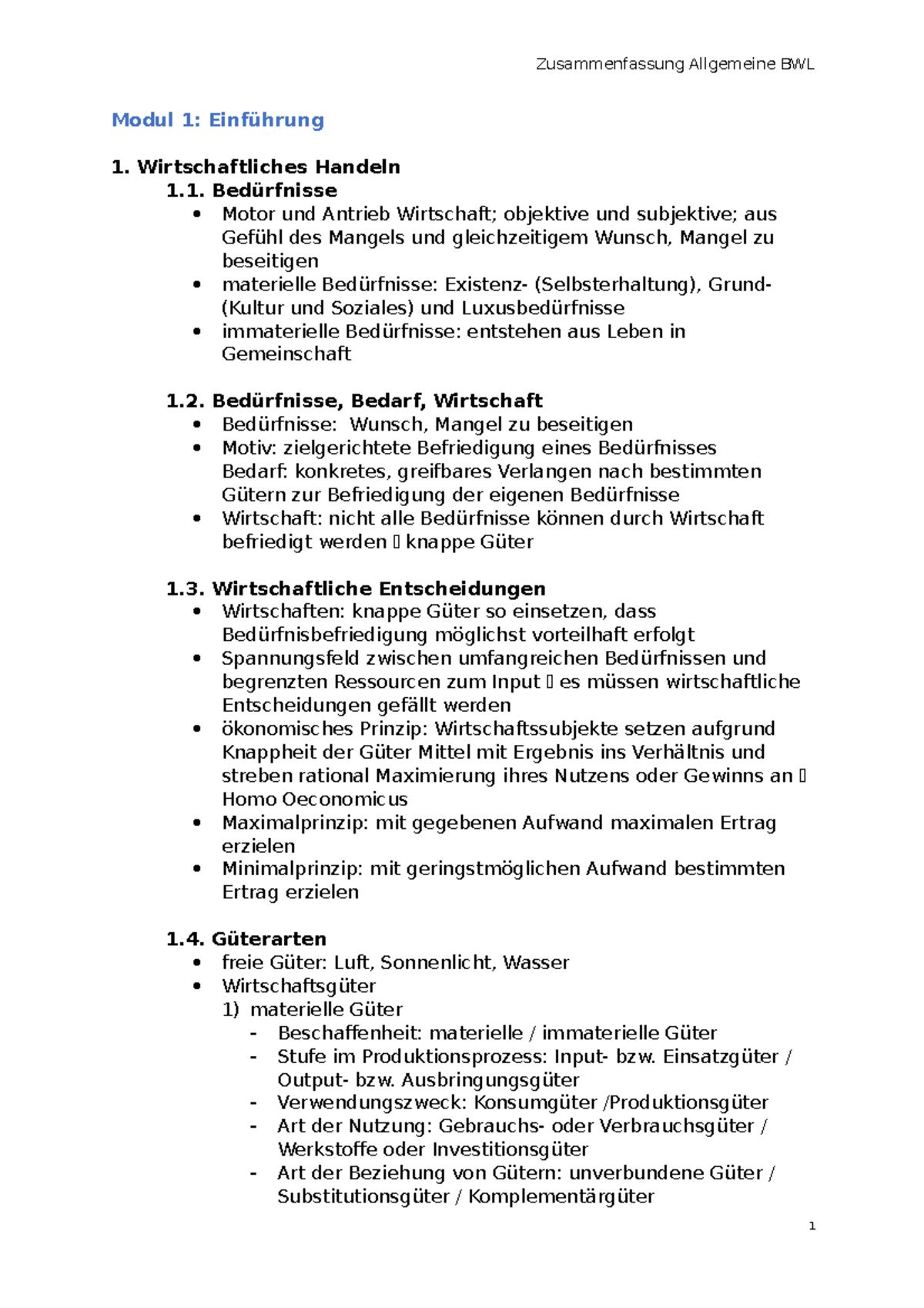 Zusammenfassung Allgemeine BWL - Modul 1: Einführung 1 ...