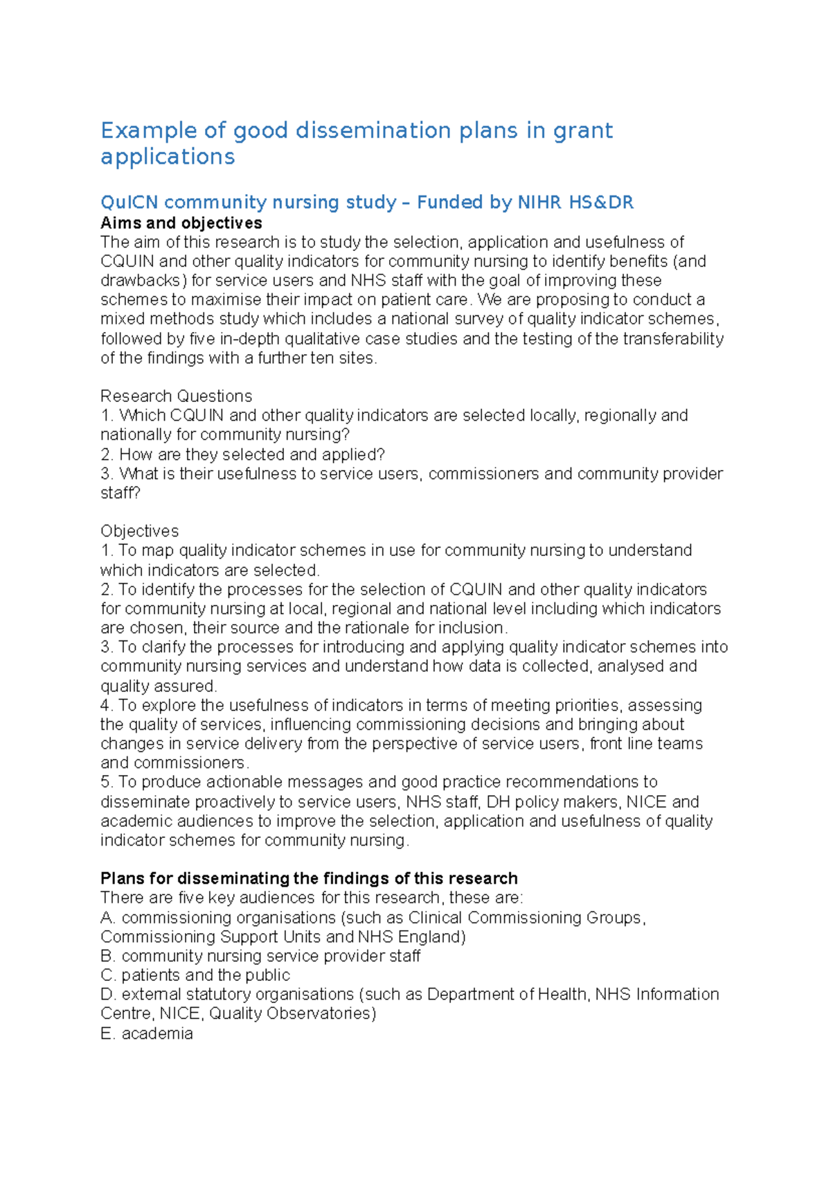 Example Of Good Dissemination Plans In Grant Applications Example Of 