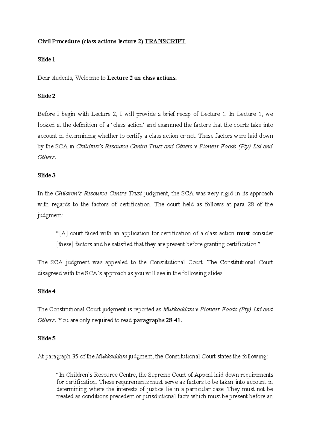 Civil Procedure Lecture 4 Transcript - Civil Procedure (class actions ...