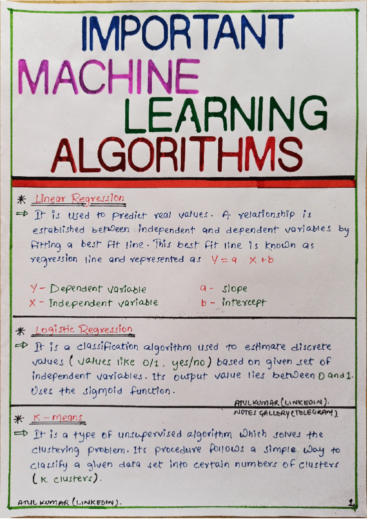 🔺 Machine Learning Algorithm🔺 Short Notes - Studocu