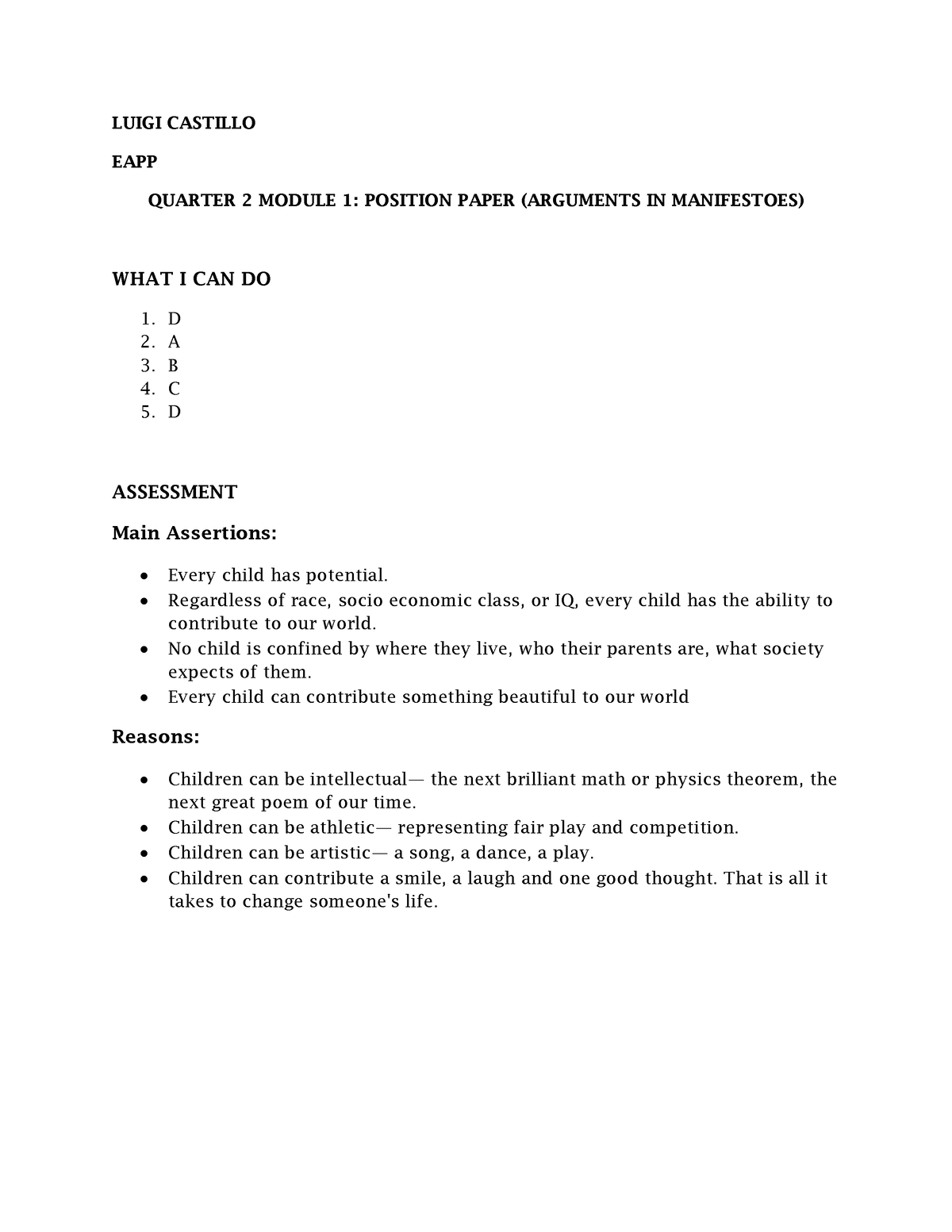 Quarter 2 Module 1 Position Paper ( Arguments IN Manifestoes) - LUIGI ...