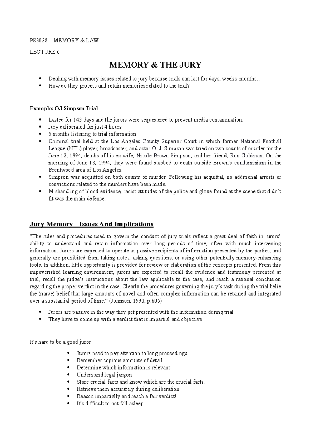 Memory and the Jury - PS3028 – MEMORY & LAW LECTURE 6 MEMORY & THE JURY ...
