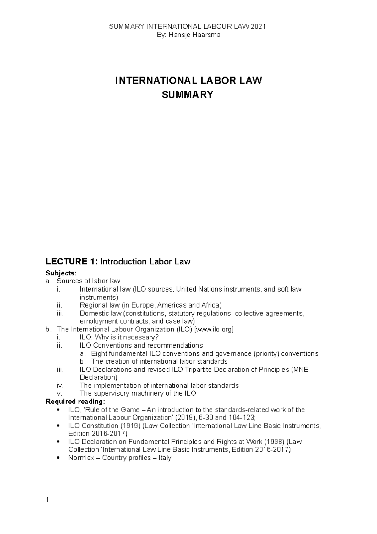 Labour Law Summary Pdf