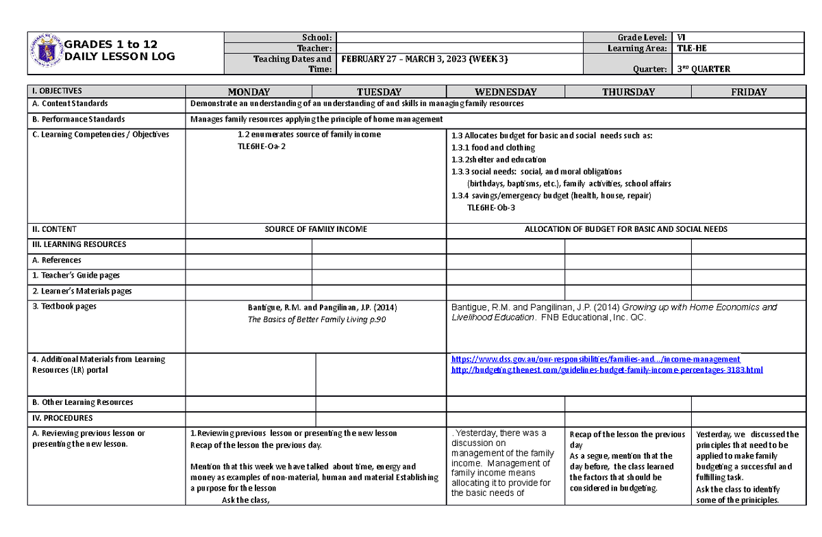 DLL TLE-HE 6 Q3 W3 - Goodluck - GRADES 1 to 12 DAILY LESSON LOG School ...