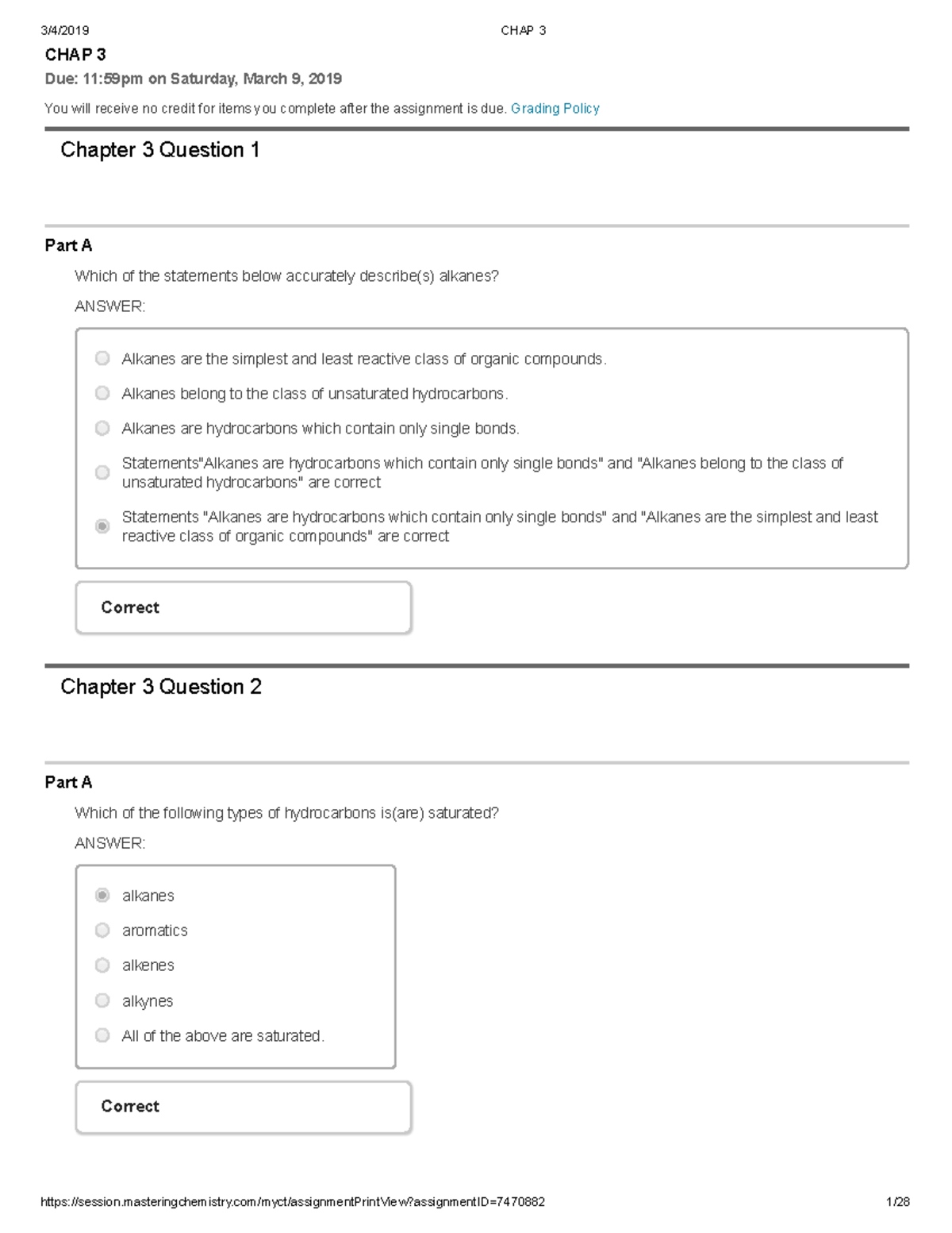 Exam, questions and answers - 3/4/2019 CHAP 3 CHAP 3 Due: 11:59pm on ...