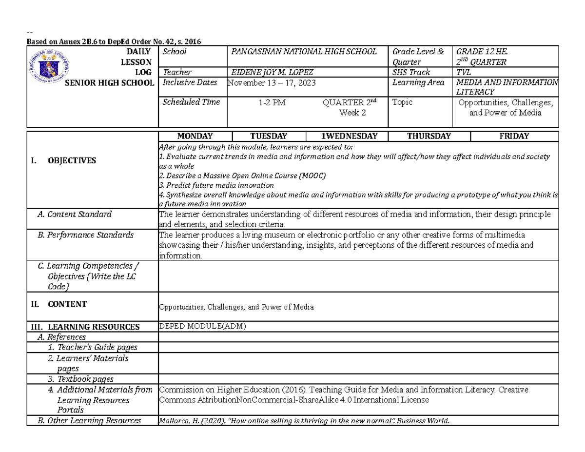 Q2-MIL-DLL- Week 2 - Daily log - Based on Annex 2B to DepEd Order No ...