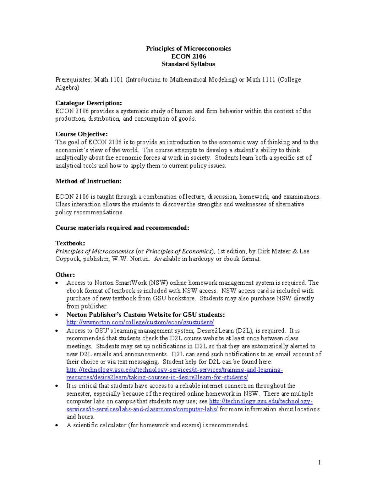 2106 Standard Syllabi 2015 - Principles Of Microeconomics ECON 2106 ...