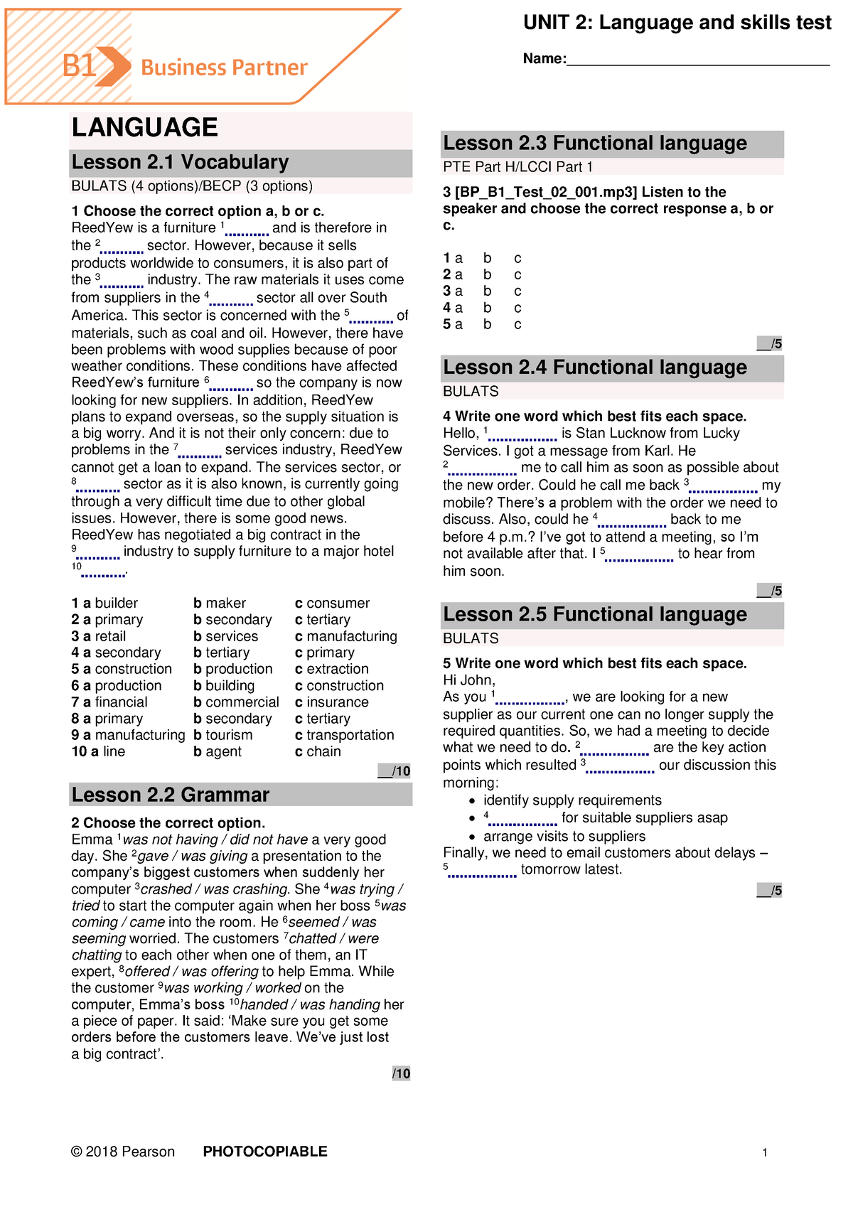 BP B1 Tests Unit2 - Tốt - Name ...