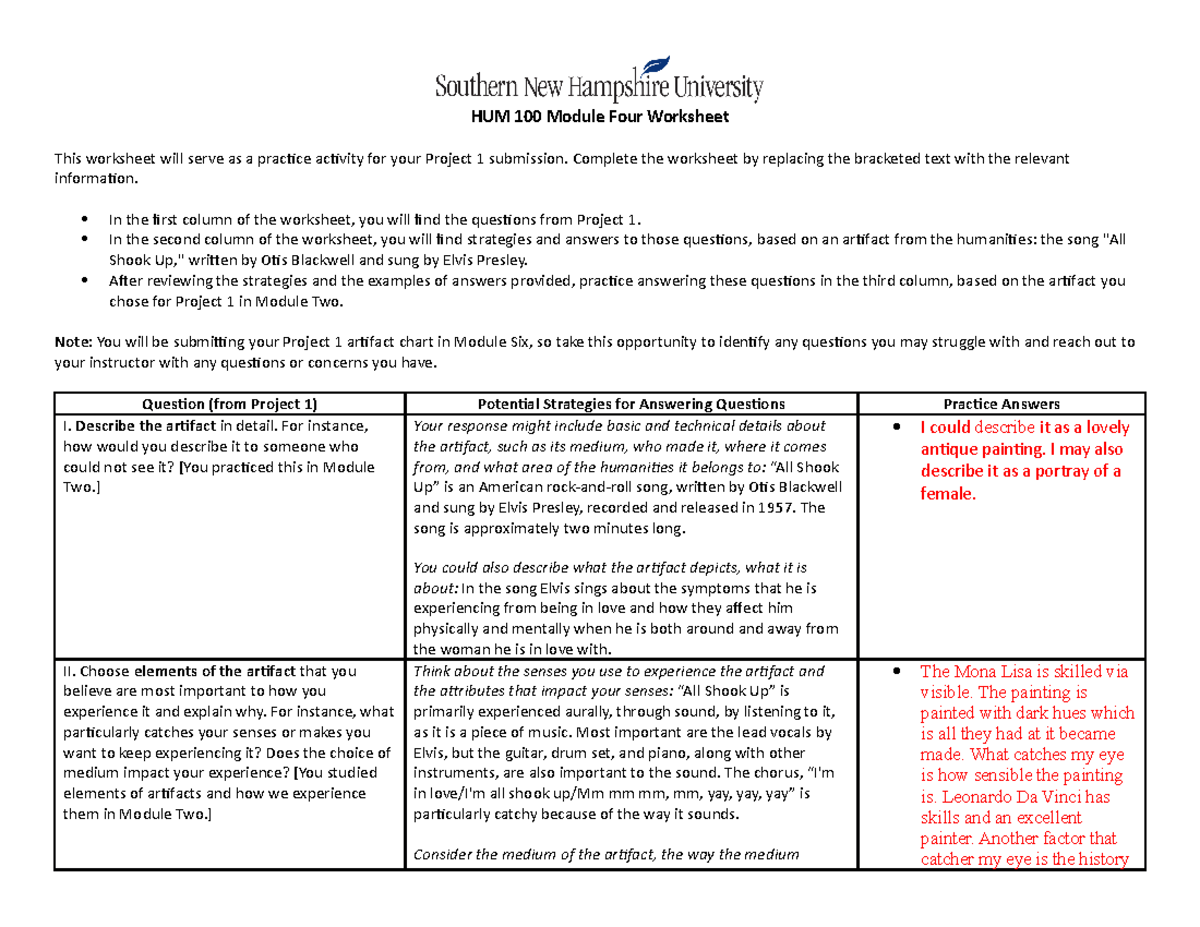 4-2 worksheet for chart project 1 - HUM 100 Module Four Worksheet This ...