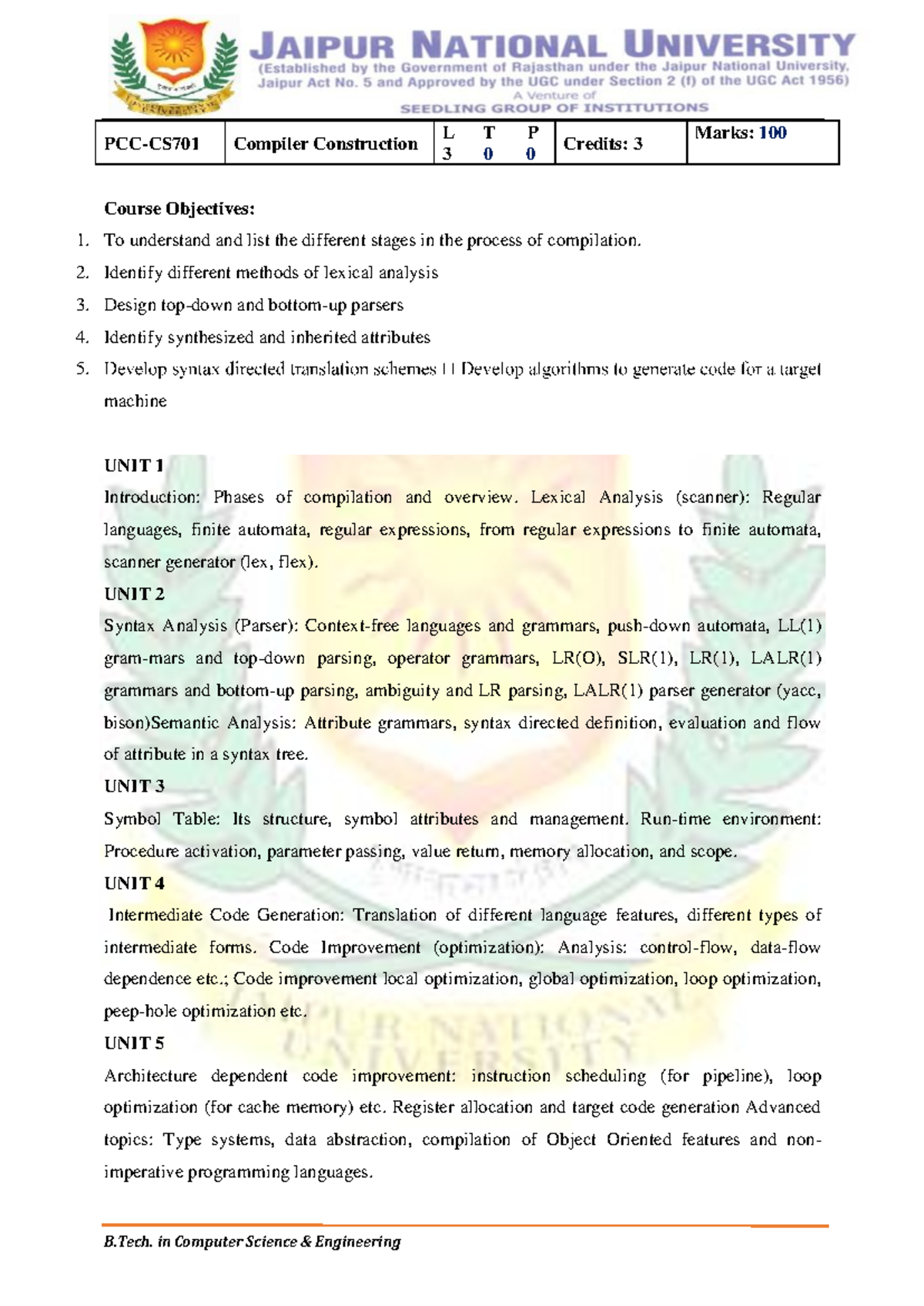 SyllabusForFinalYear - PCC-CS701 Compiler Construction L 3 T 0 0 P ...