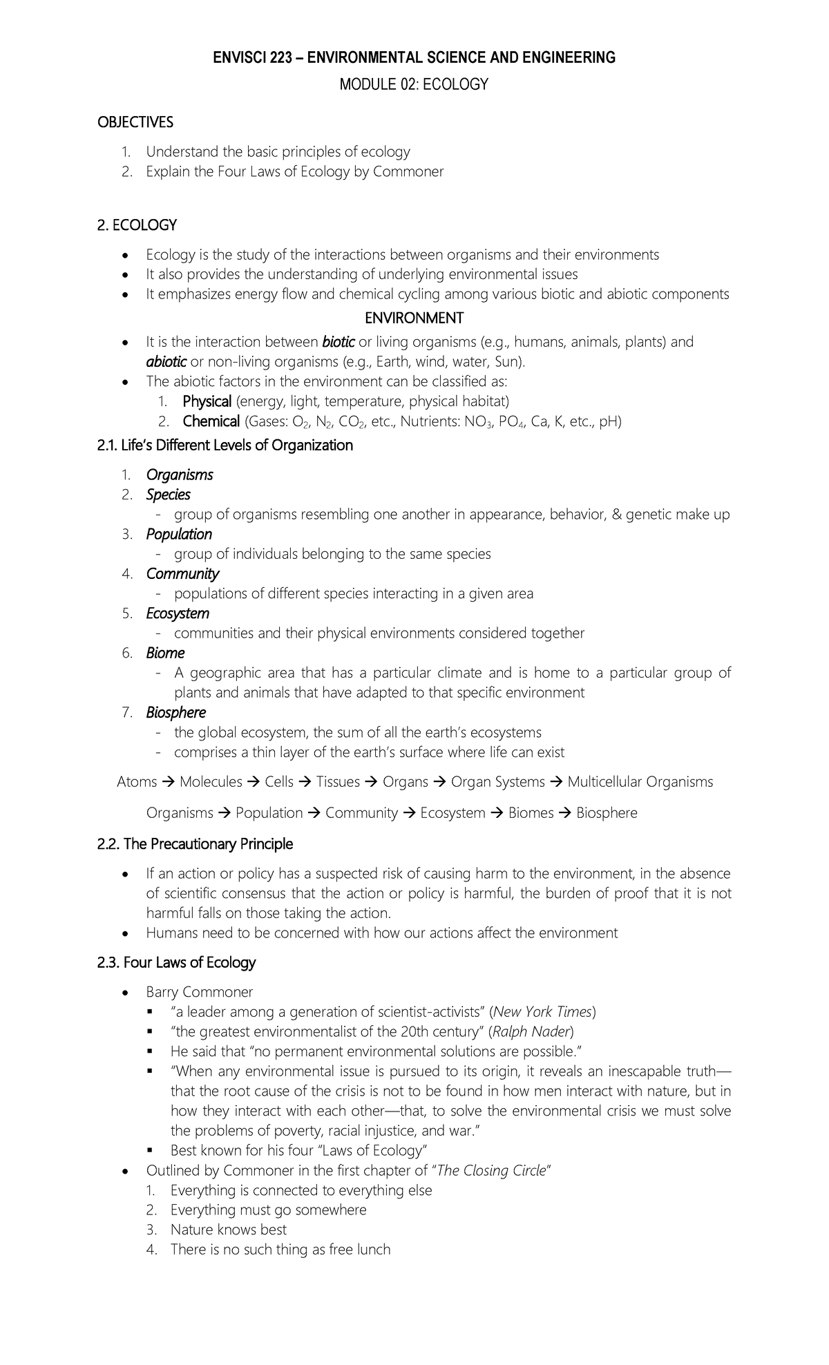 Module 02 - Ecology - none - MODULE 02: ECOLOGY OBJECTIVES Understand ...