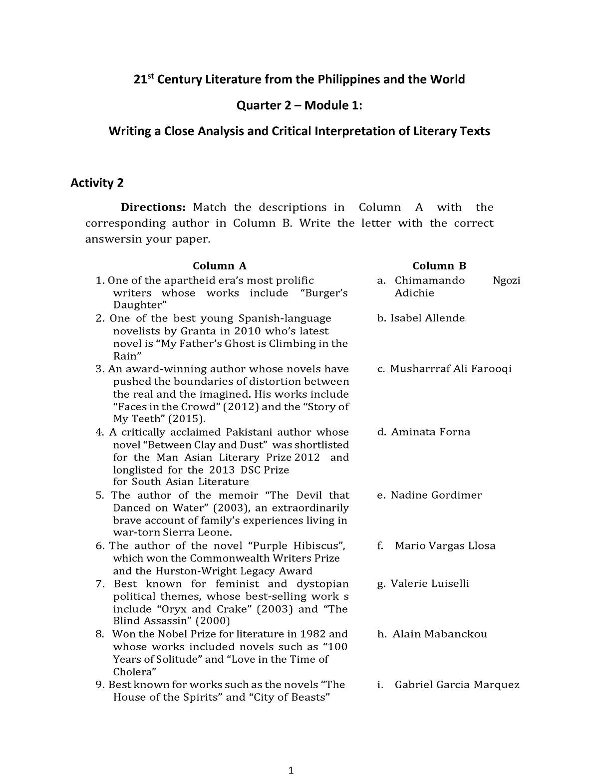 21st Century - Q2 M1 - Activity 2 - 1 21 St Century Literature From The ...