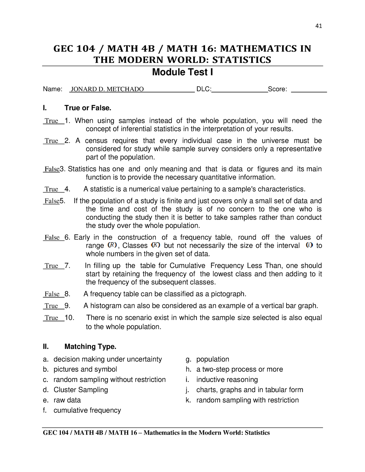 Module I-answer - GEC 104 / MATH 4B / MATH 16: MATHEMATICS IN THE ...