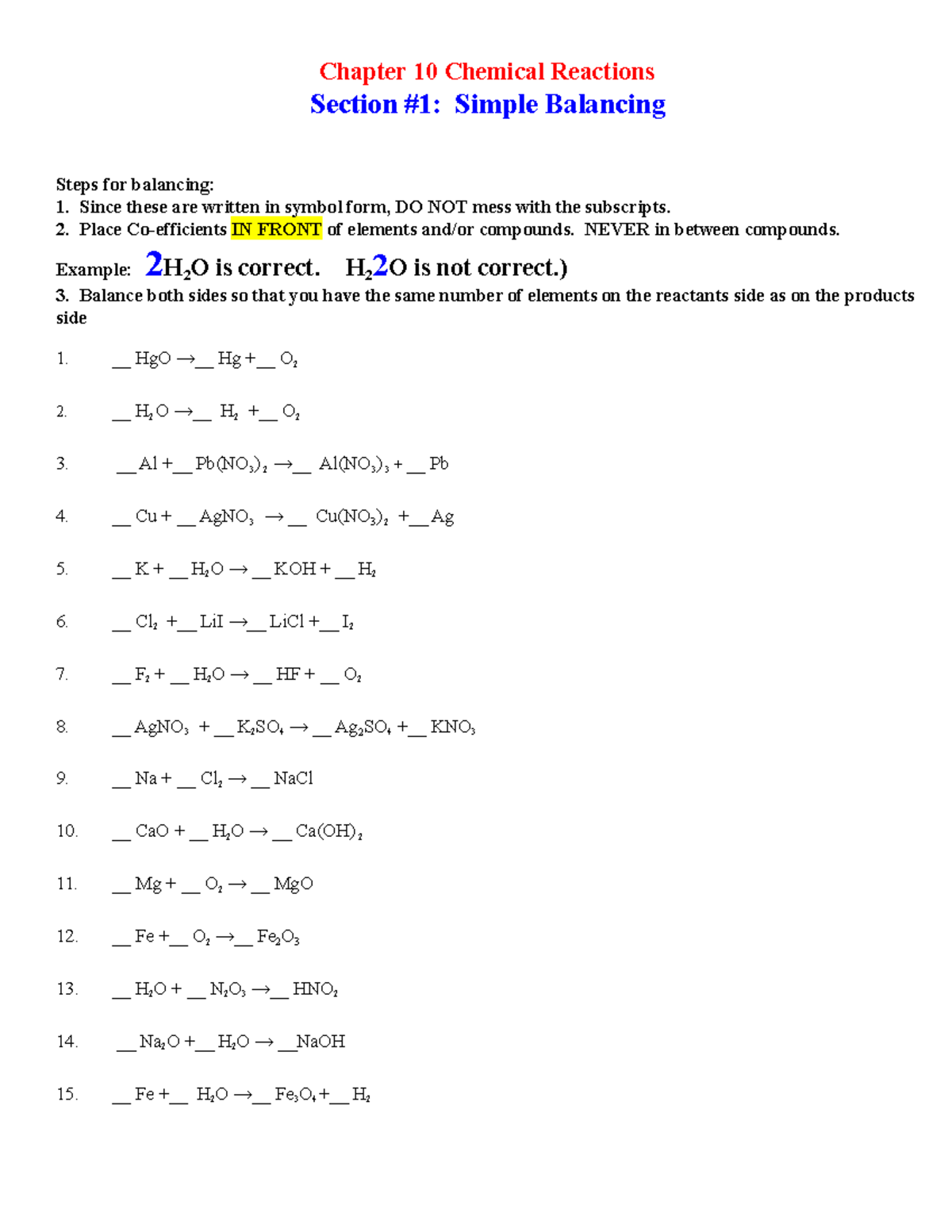 Chapter 10 Balancing Equations Homework - Chapter 10 Chemical Reactions ...