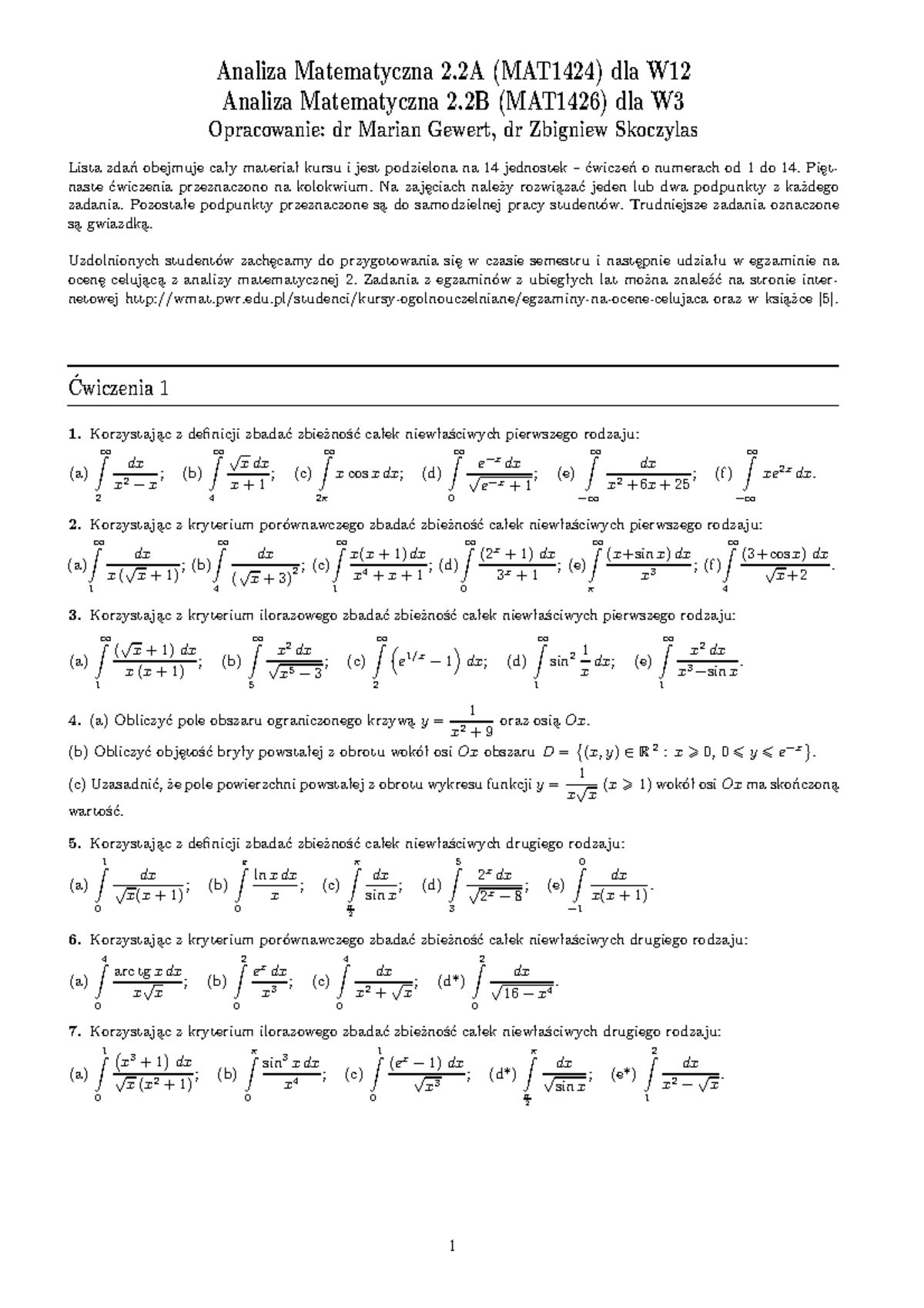 Lista Zadań Analiza Matematyczna 2 - Analiza Matematyczna 2 (MAT1424 ...