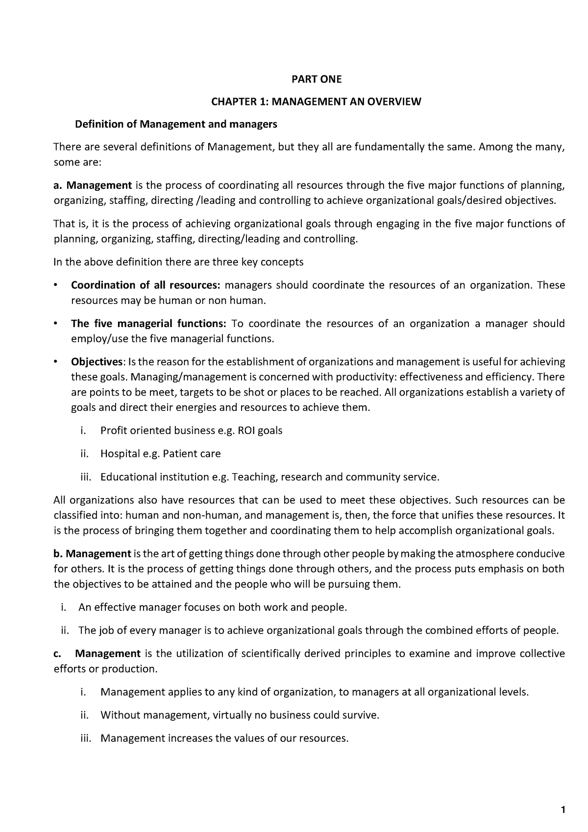 Int to Mgt All Chapters - PART ONE CHAPTER 1: MANAGEMENT AN OVERVIEW ...