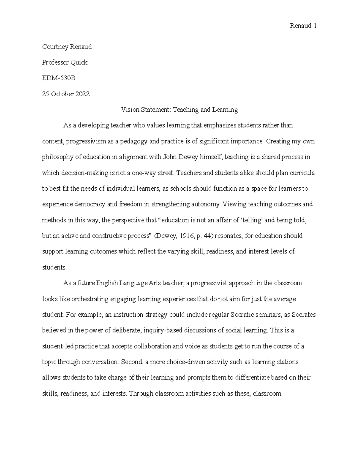 EDM-530B Teaching and Learning Vision Statement - Renaud 1 Courtney ...