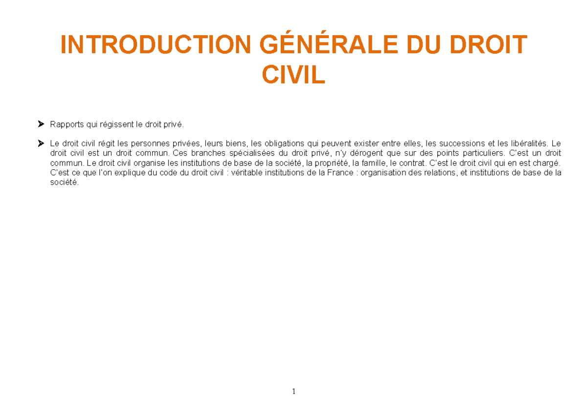 Cours de droit civil S1-L1 droit - INTRODUCTION GÉNÉRALE DU DROIT CIVIL