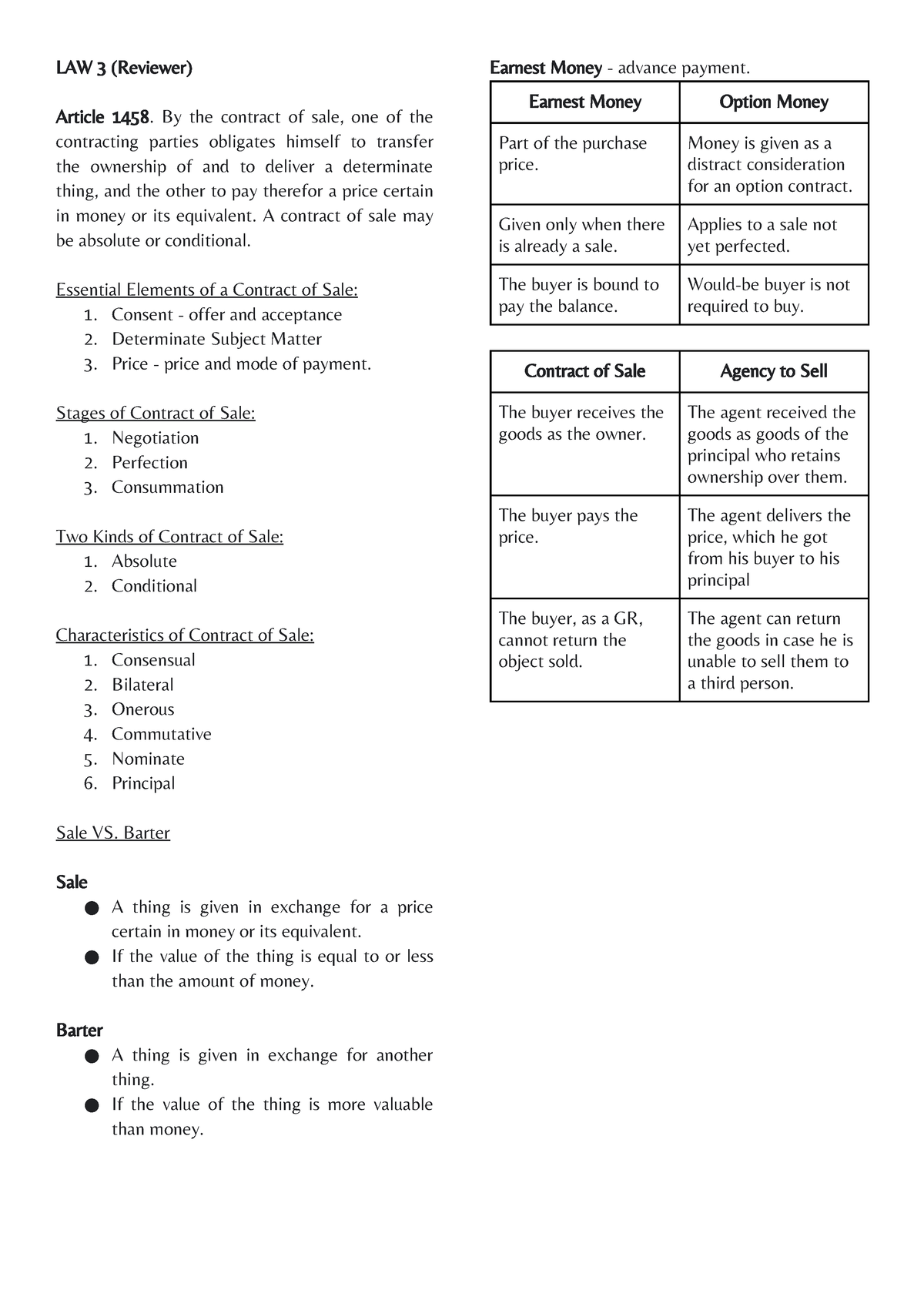 Law on Sales Notes - LAW 3 (Reviewer) Article 1458. By the contract of ...