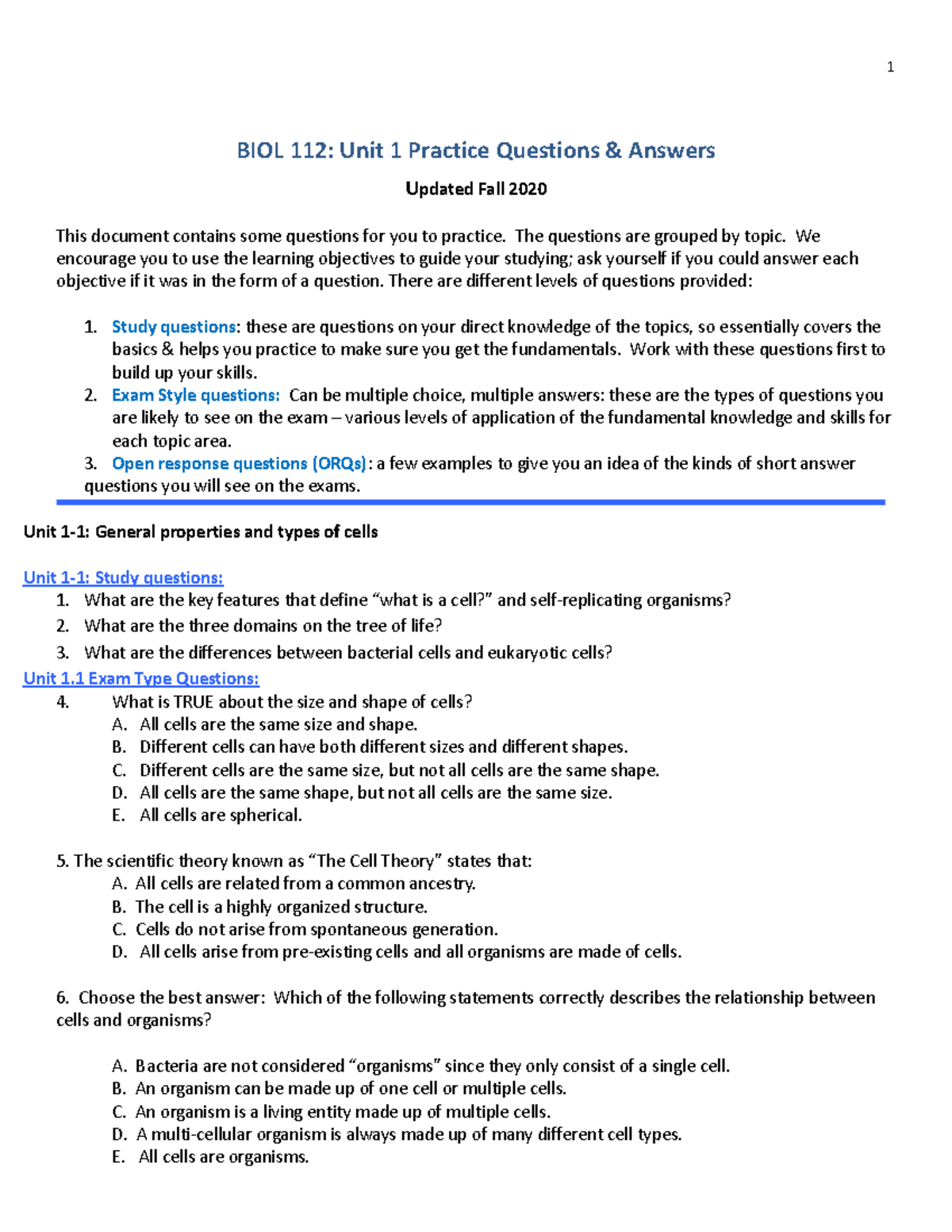 Unit 1 practice questions 2020 Questions ONLY Student - BIOL 112: Unit ...