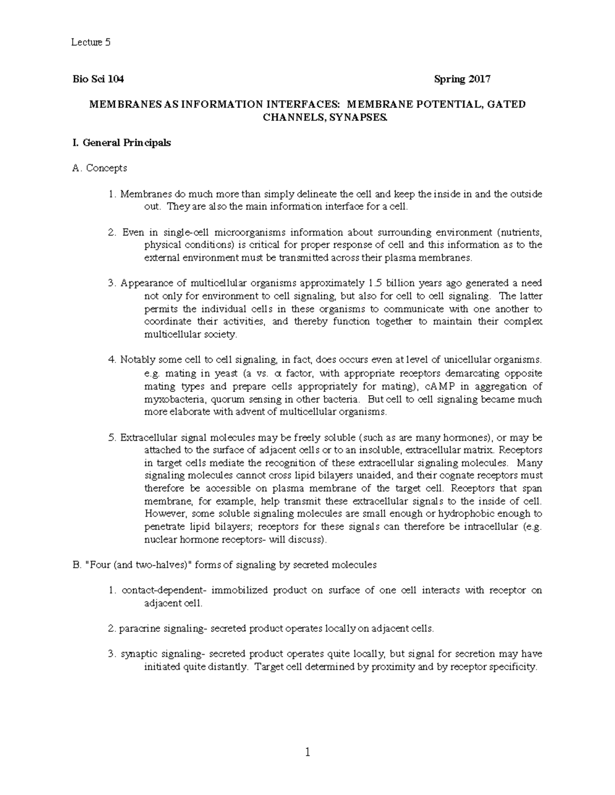 Lecture+5-2017 - Lecture notes 5 - Lecture 5 Bio Sci 104 Spring 2017 ...
