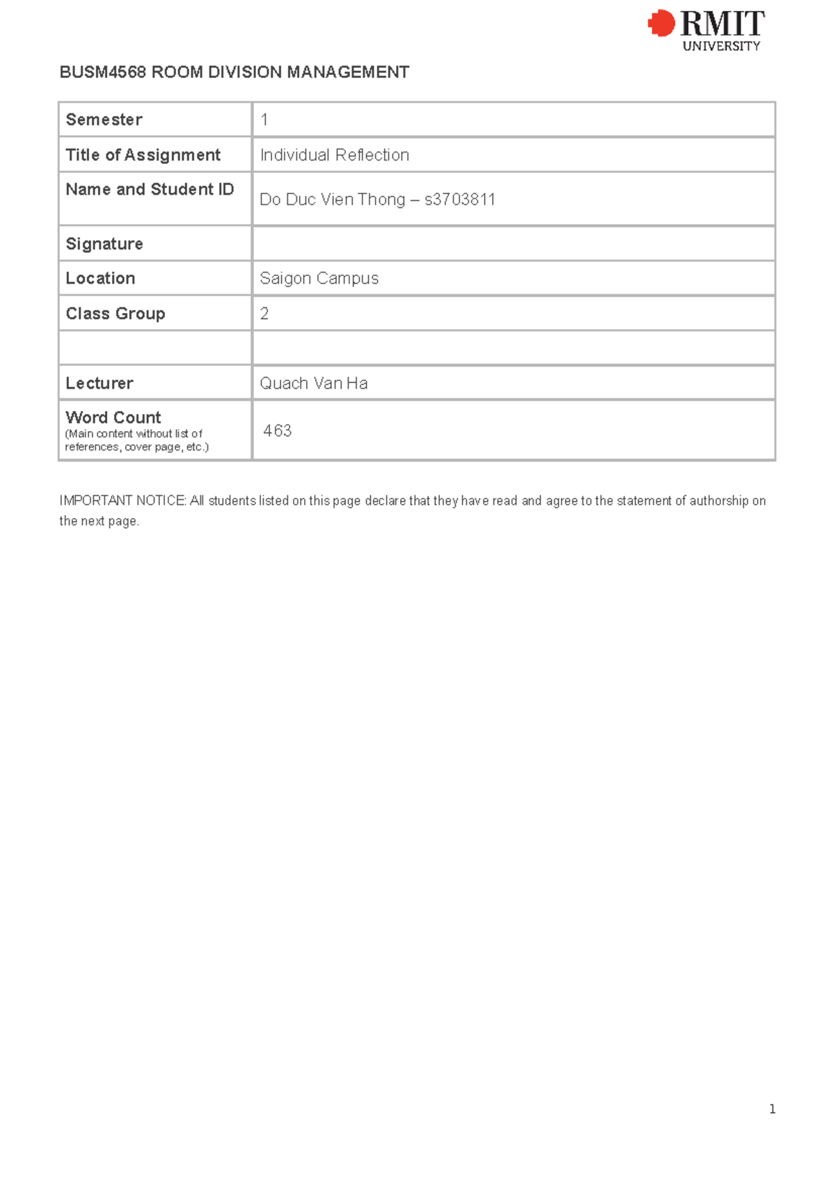 Assignment 2b Room - Reflection essay - BUSM4568 ROOM DIVISION ...