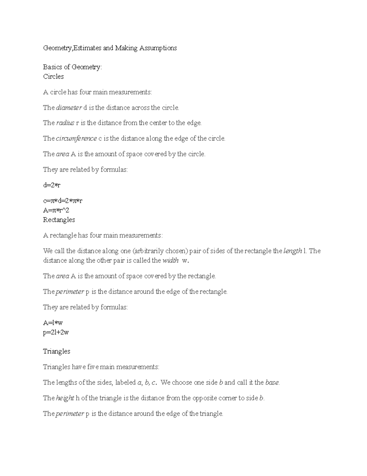 Geometry,Estimates and Making Assumptions - Geometry,Estimates and ...