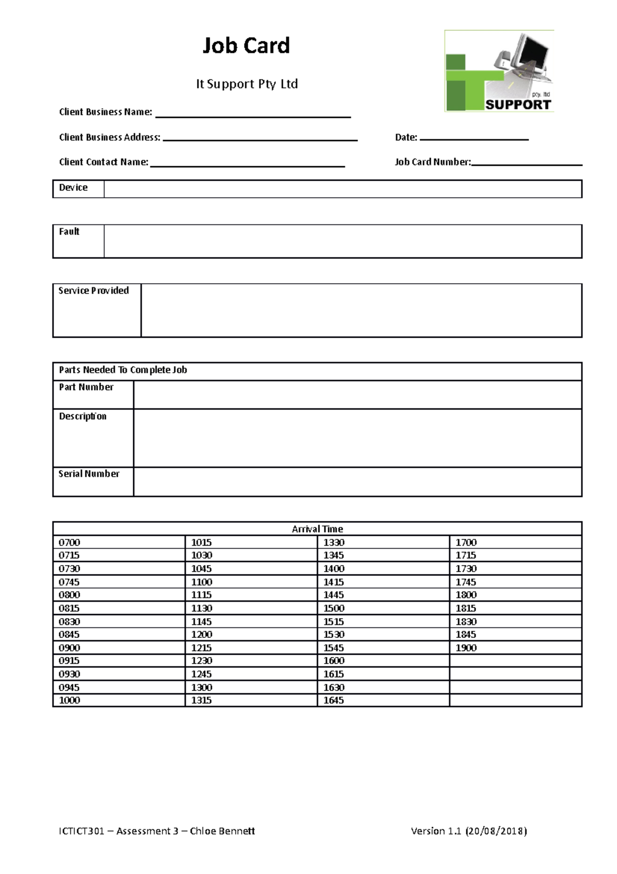 Ictict 301 - Assessment 3 - Job Card It Support Pty Ltd Client Business ...