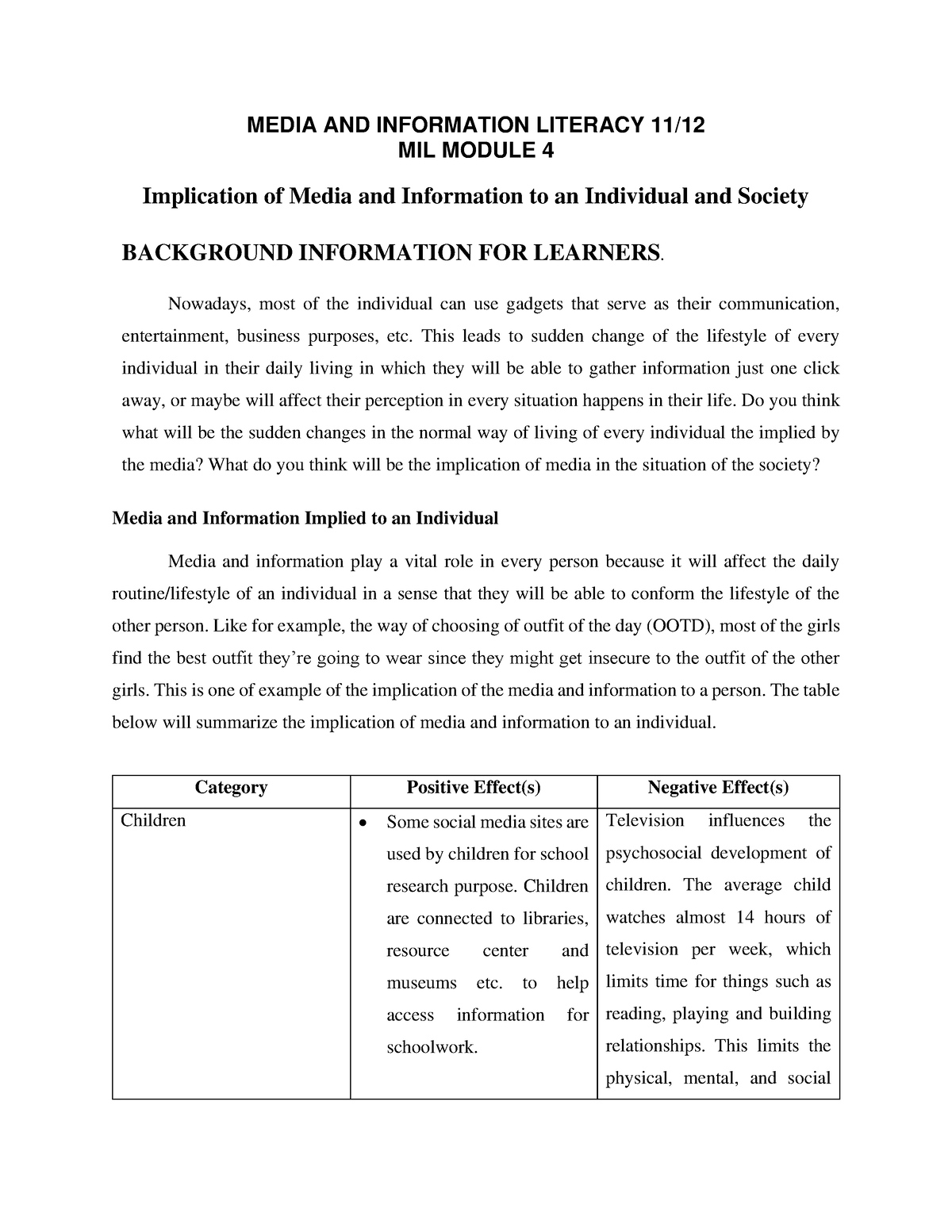 Media AND Information Literacy - Module 4 - MEDIA AND INFORMATION ...