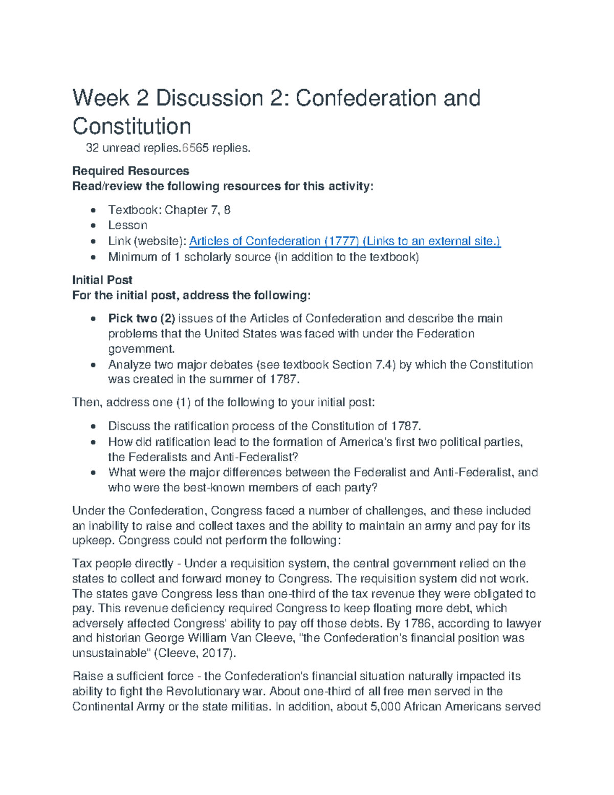 Document 1 - Week 2 Discussion 2 - Week 2 Discussion 2: Confederation ...