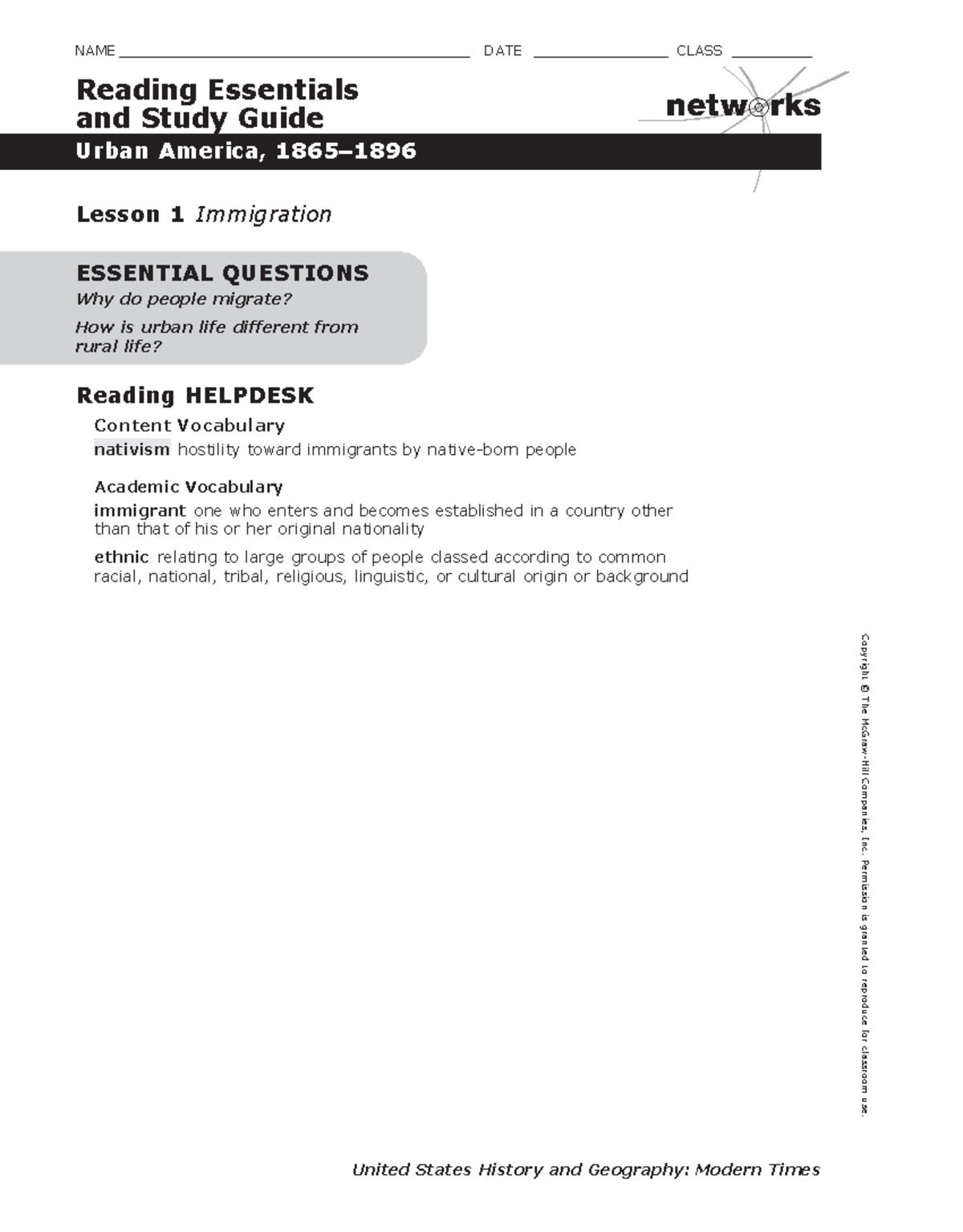 Chapter 4 Lesson 1 Immigrations - netw rks Urban America, 1865 ...