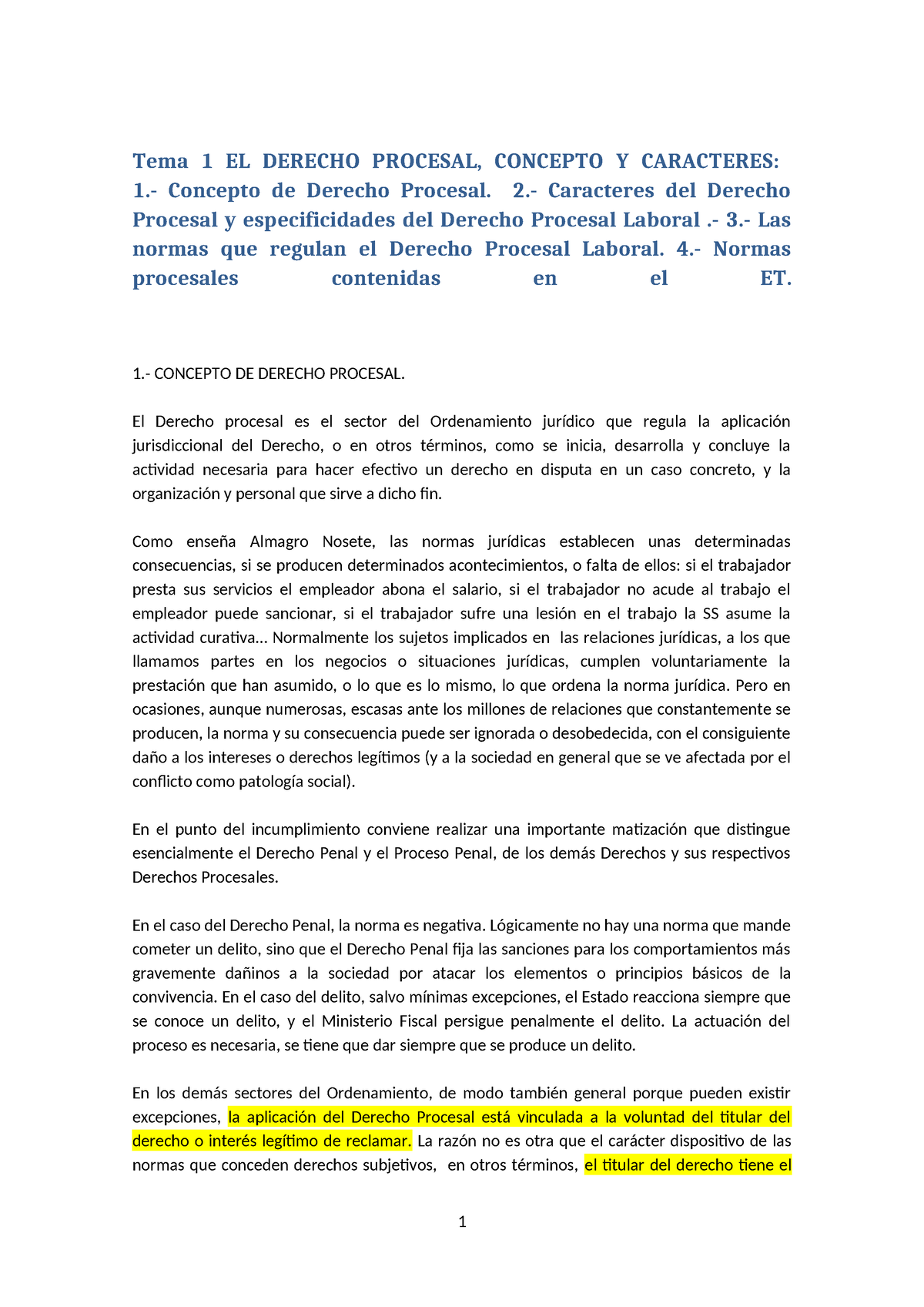 Leccion 1 Procesal - Tema 1 EL DERECHO PROCESAL, CONCEPTO Y CARACTERES ...