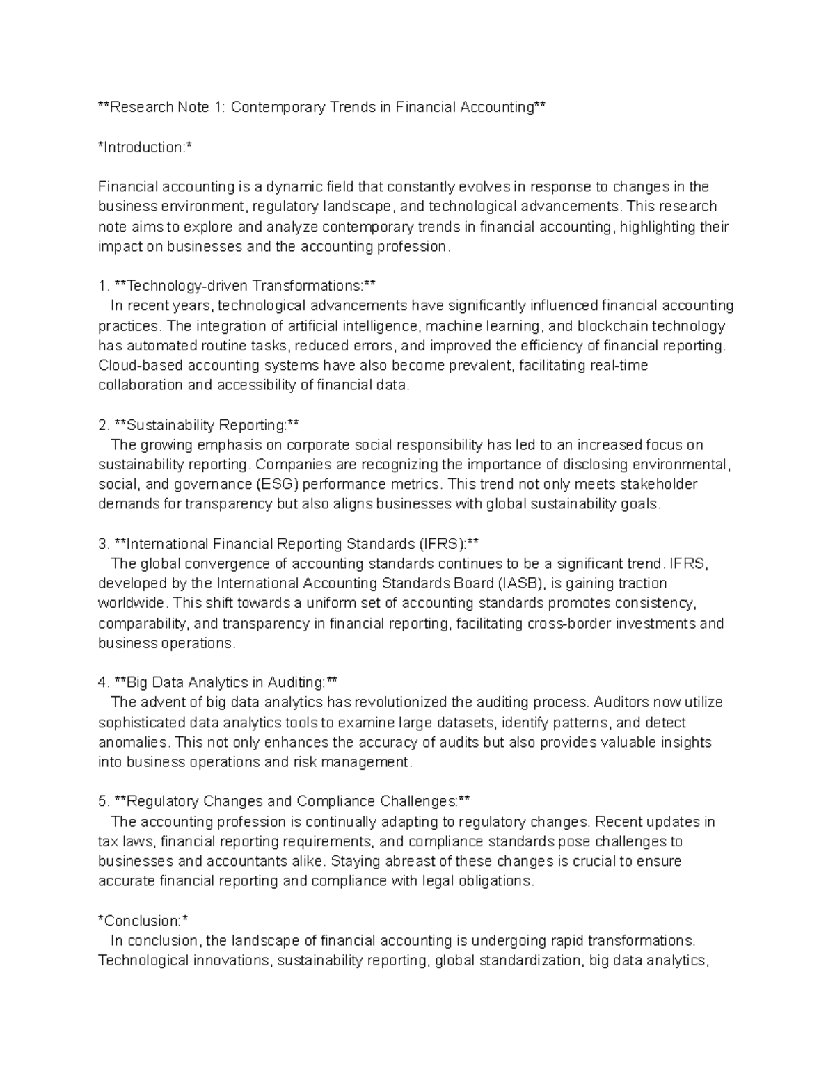 Accountinf note week 8 - asdfsxafvb - Research Note 1: Contemporary ...