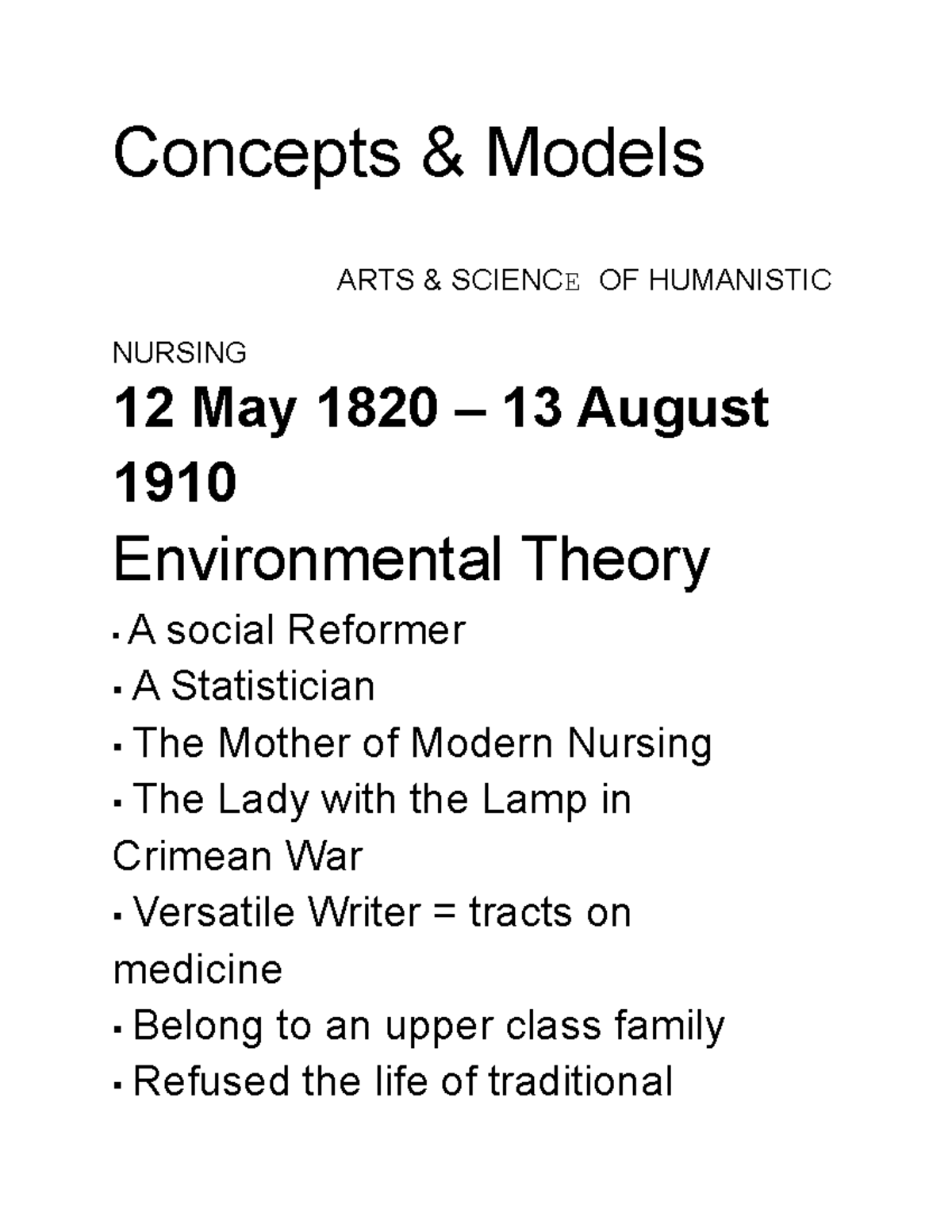TFN-1 - TFN - Concepts & Models ARTS & SCIENCE OF HUMANISTIC NURSING ...