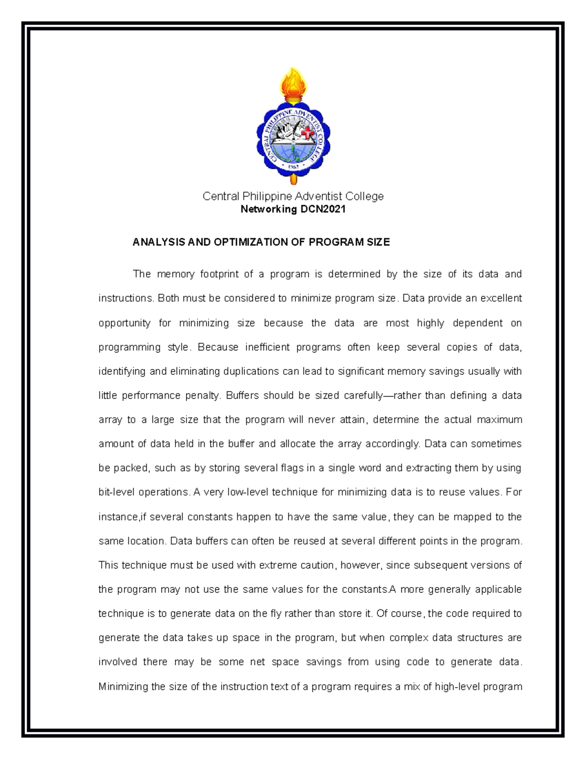 Networking DCN2021 Optimization OF Program SIZE - Central Philippine ...