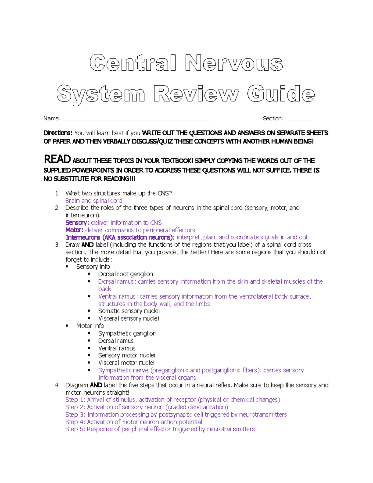 Central Nervous System Review Guide - THERE IS NO SUBSTITUTE FOR 1 ...