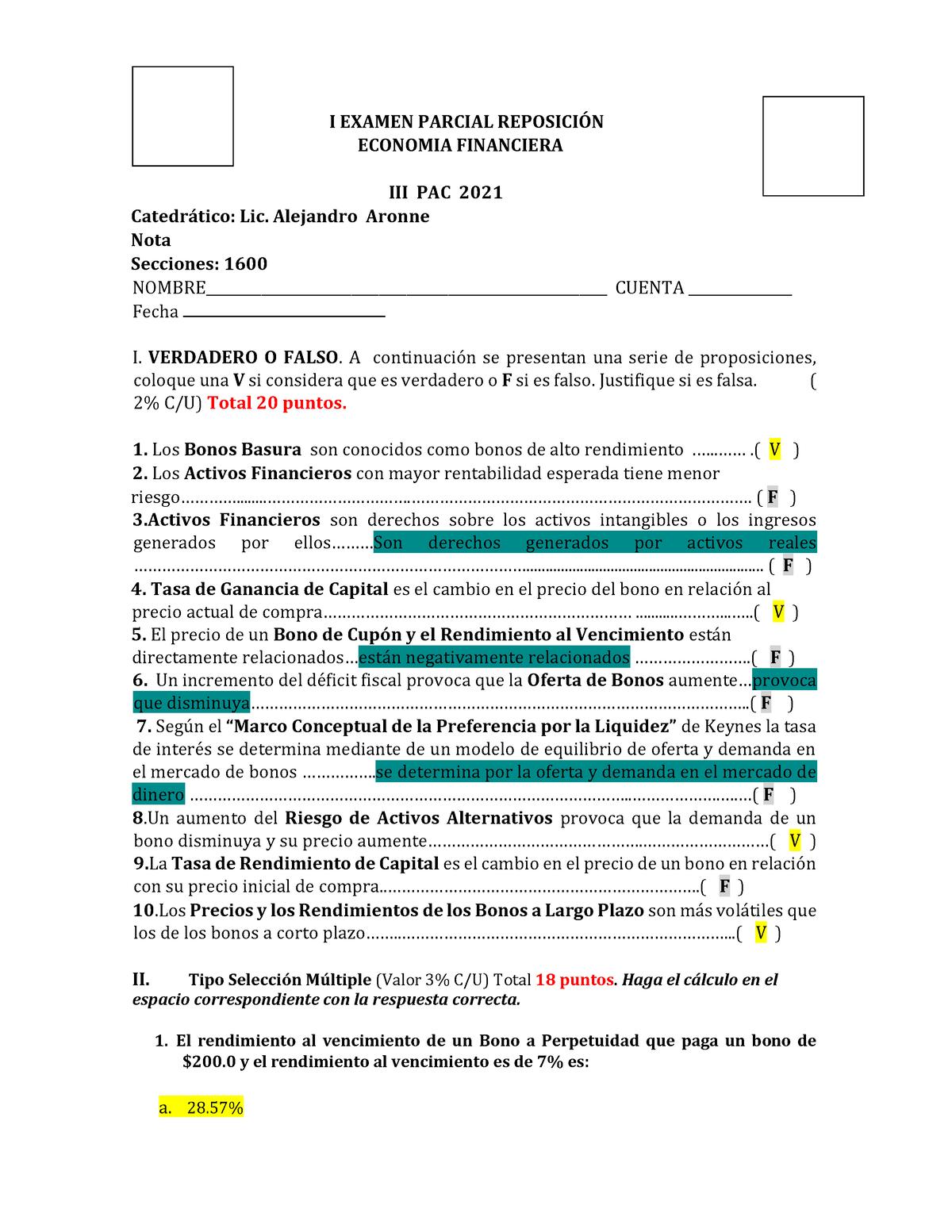 Informe Economia Financiera - I EXAMEN PARCIAL REPOSICI”N ECONOMIA ...