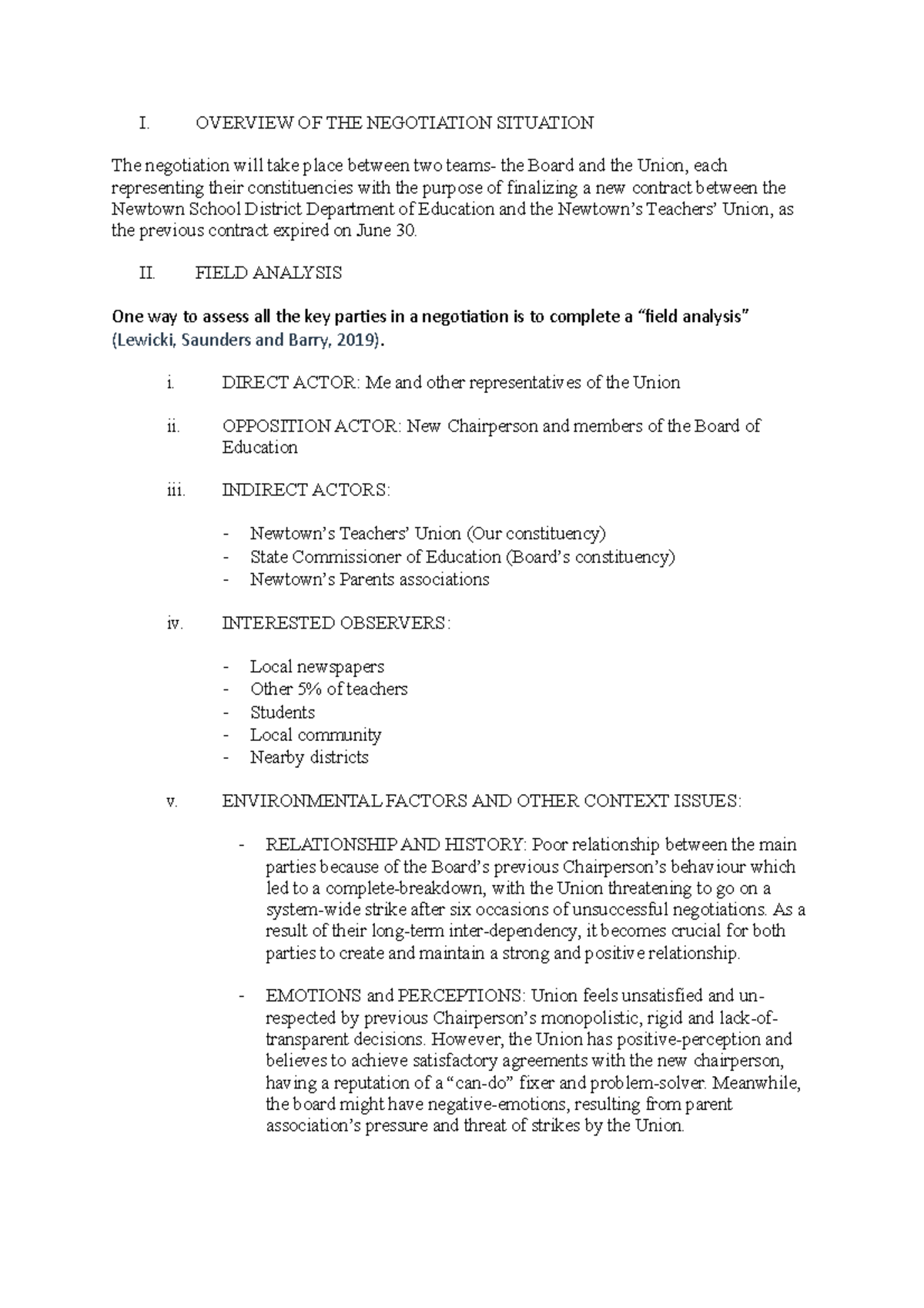 Plan 2 started - assignment - I. OVERVIEW OF THE NEGOTIATION SITUATION ...