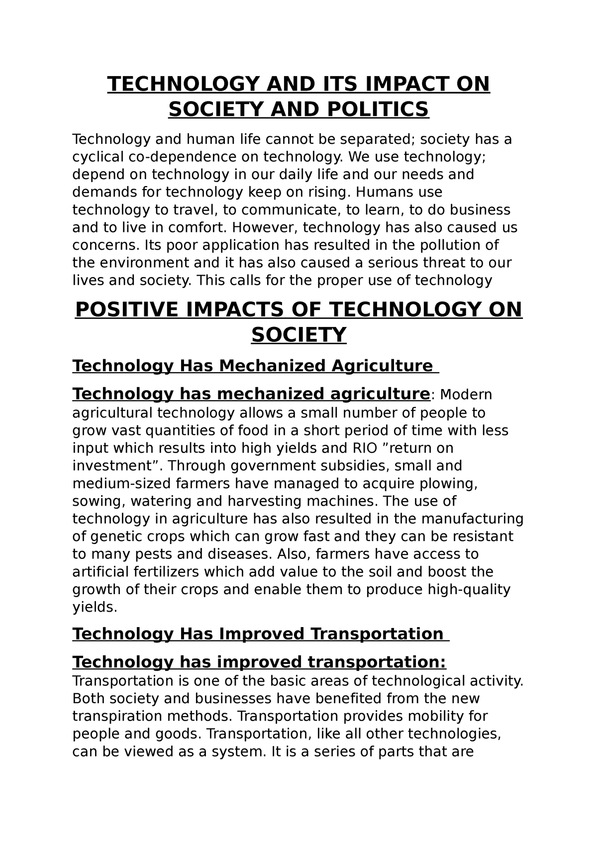 impact of technology on politics essay body