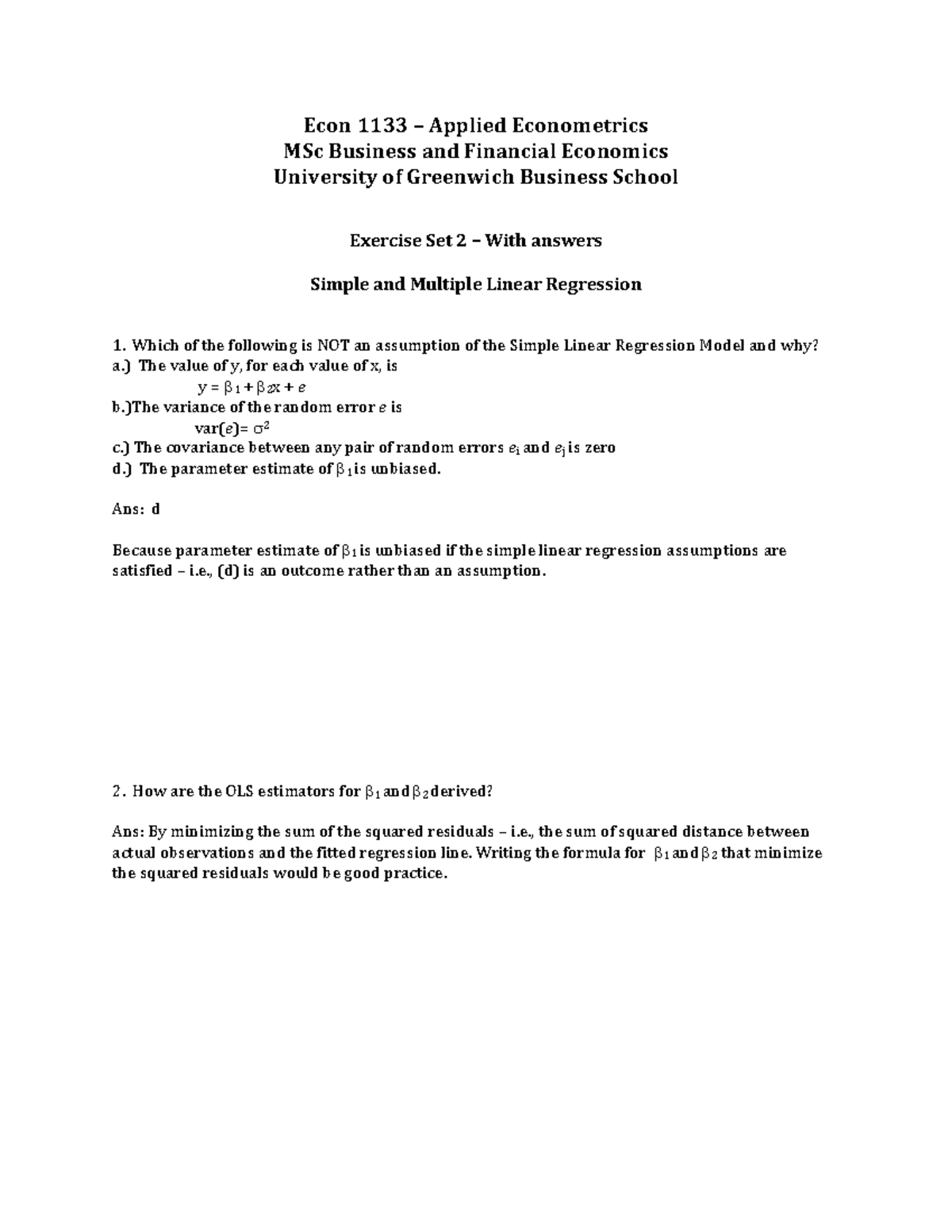 Exercises For L2 With Answers Econ 1133 Applied Econometrics Msc Business And Financial Studocu