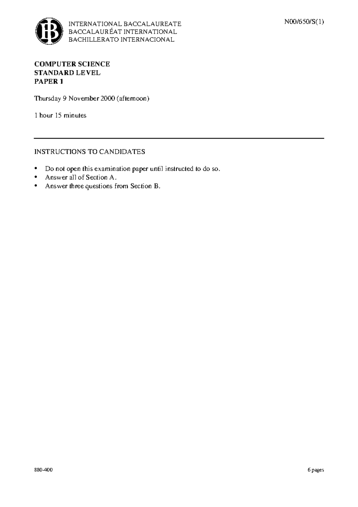 Computer science paper 1 SL COMPUTER SCIENCE STANDARD LEVEL PAPER 1